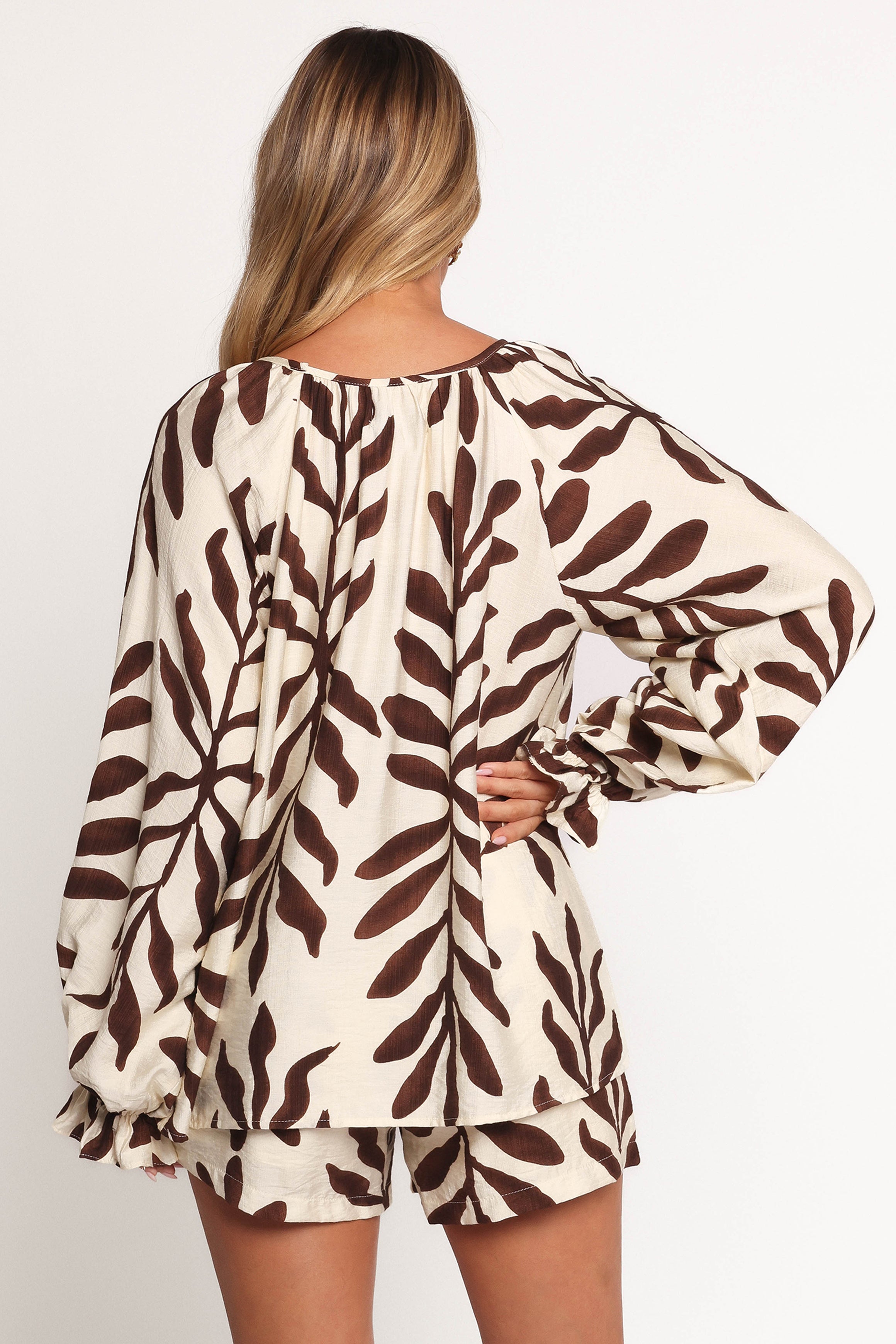 TOPS July Long Sleeve Smock Top - Brown Palm