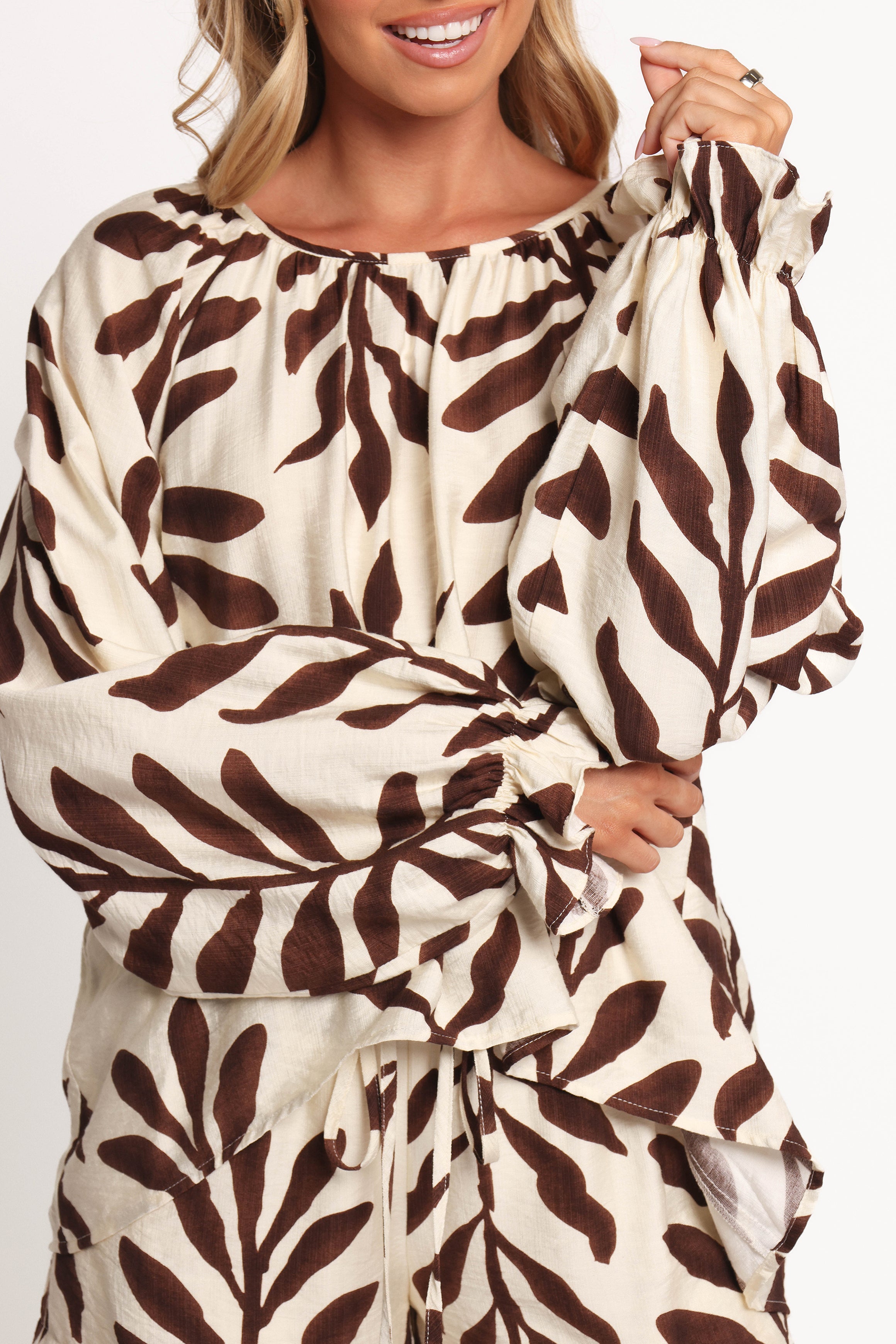 TOPS July Long Sleeve Smock Top - Brown Palm
