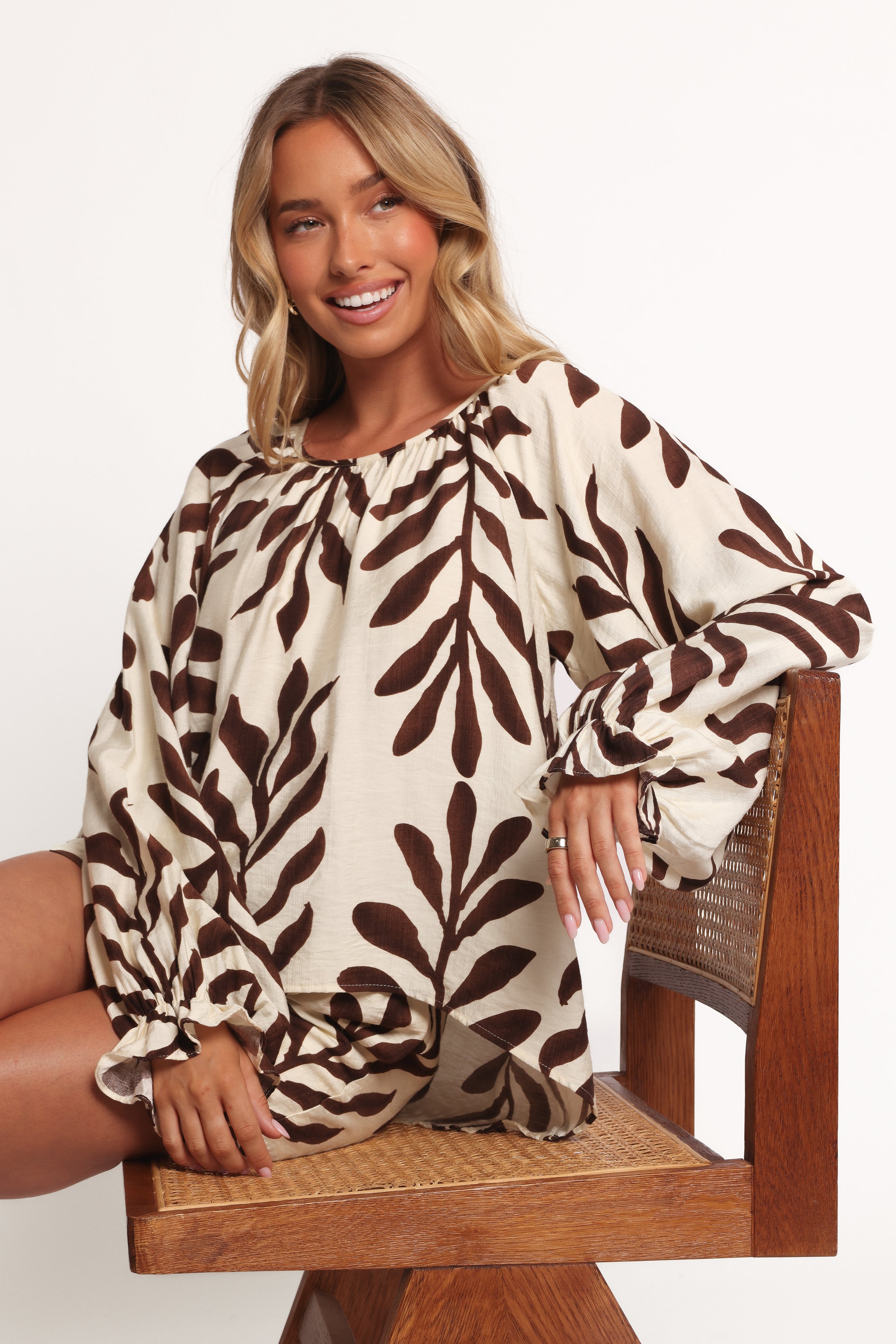 TOPS July Long Sleeve Smock Top - Brown Palm