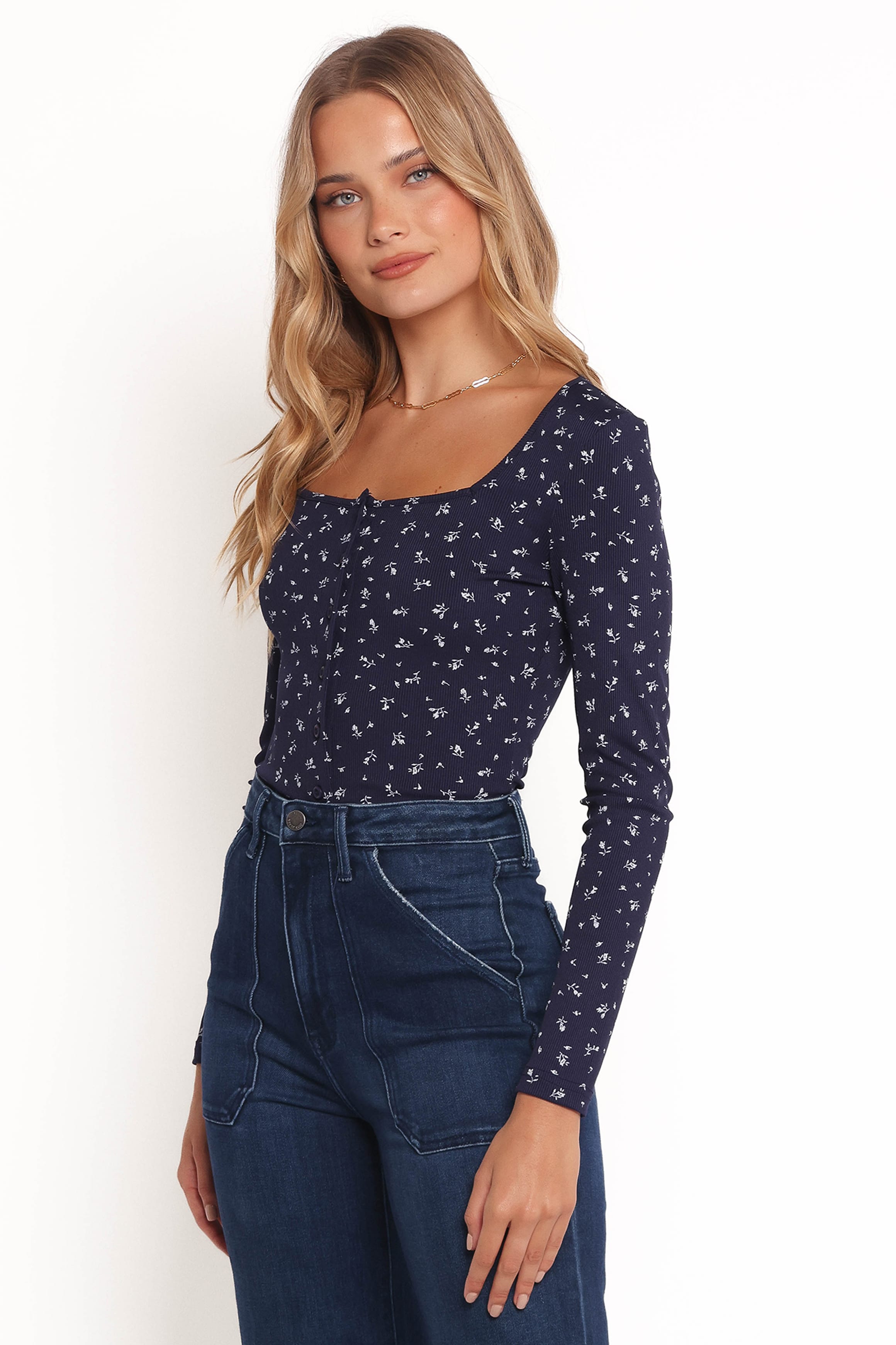 TOPS Keanu Long Sleeve Top - Navy Ditsy