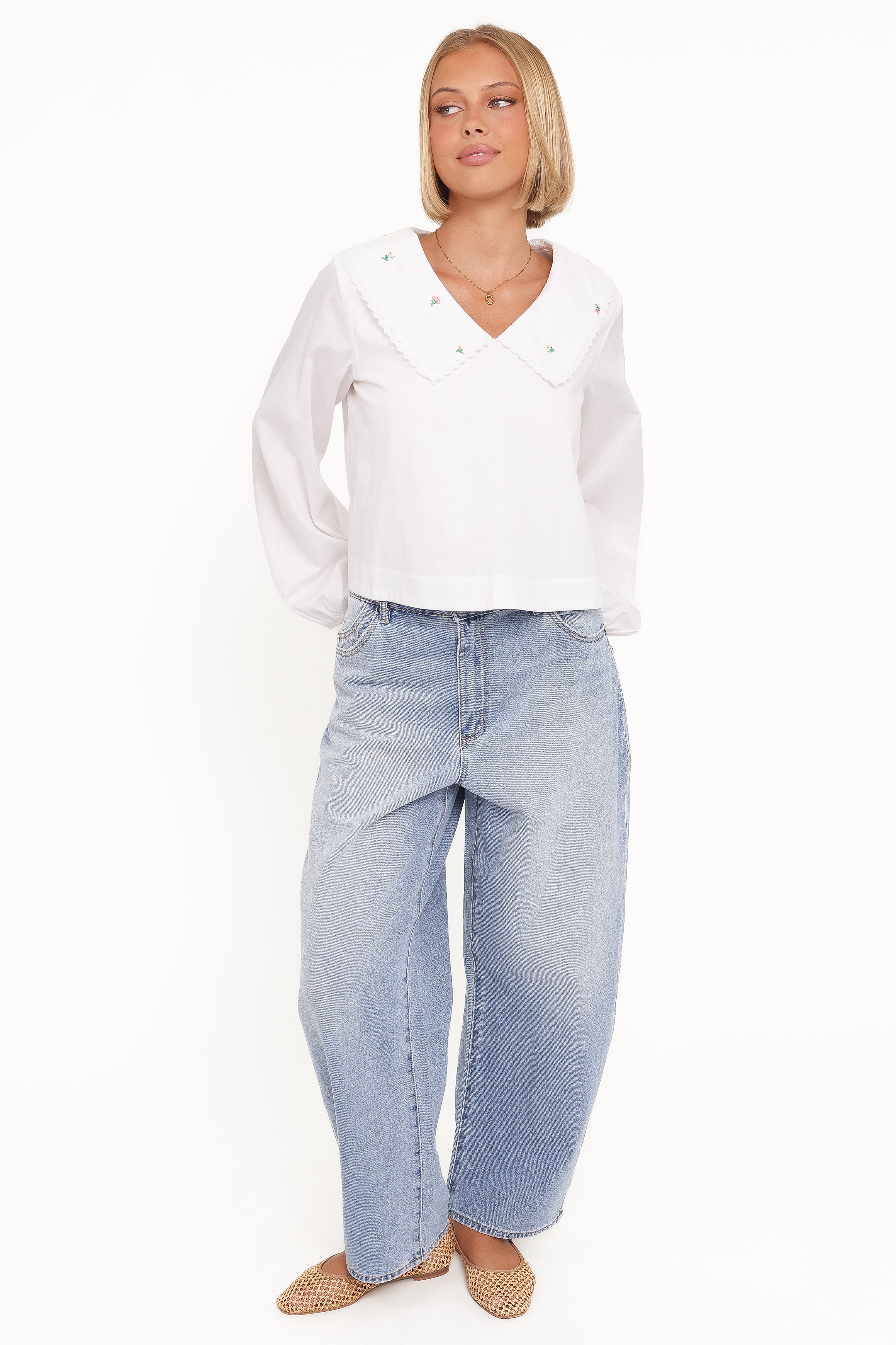 TOPS Kenna Embroidered Long Sleeve Top - White Floral