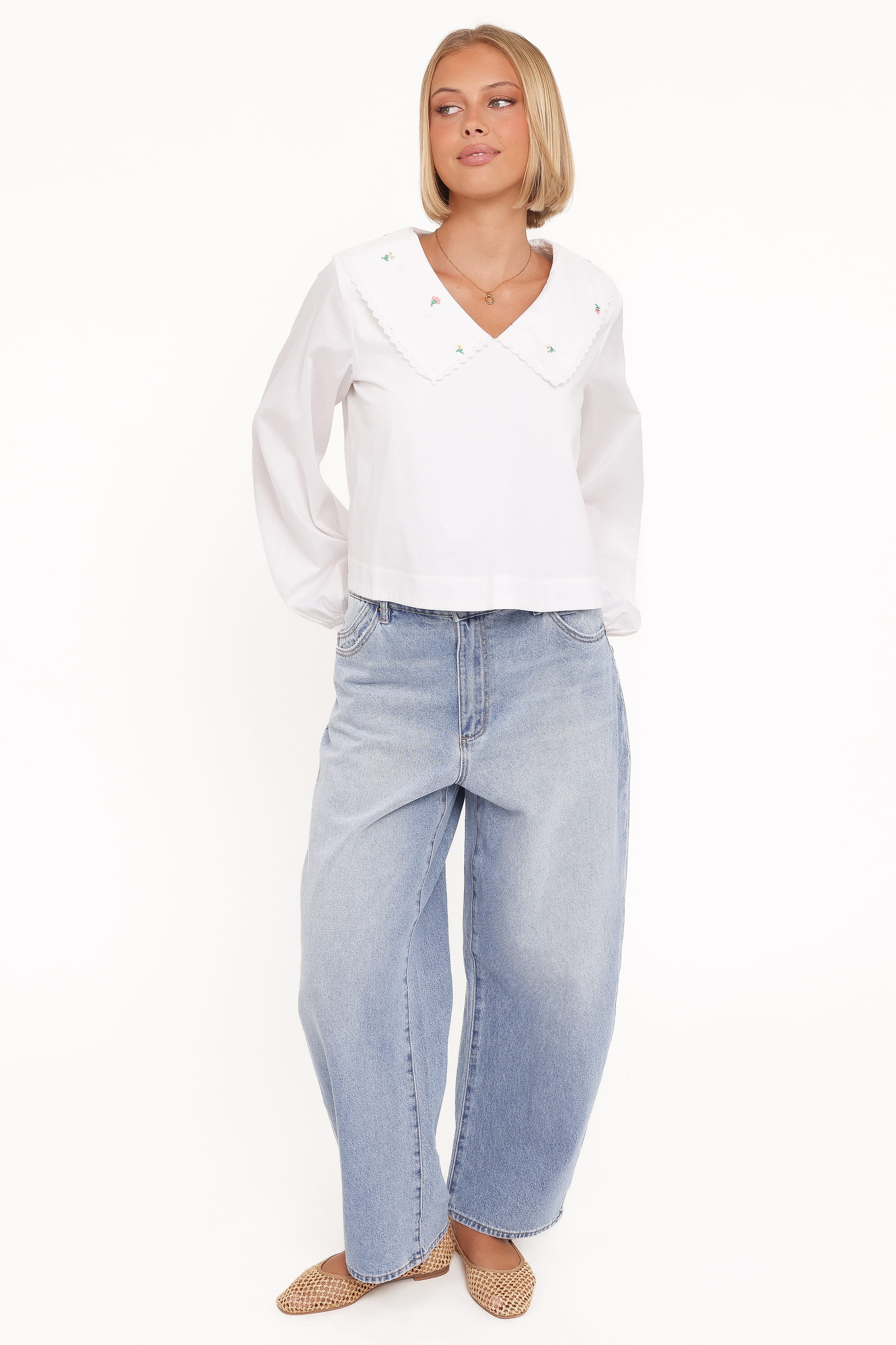 TOPS Kenna Embroidered Long Sleeve Top - White Floral