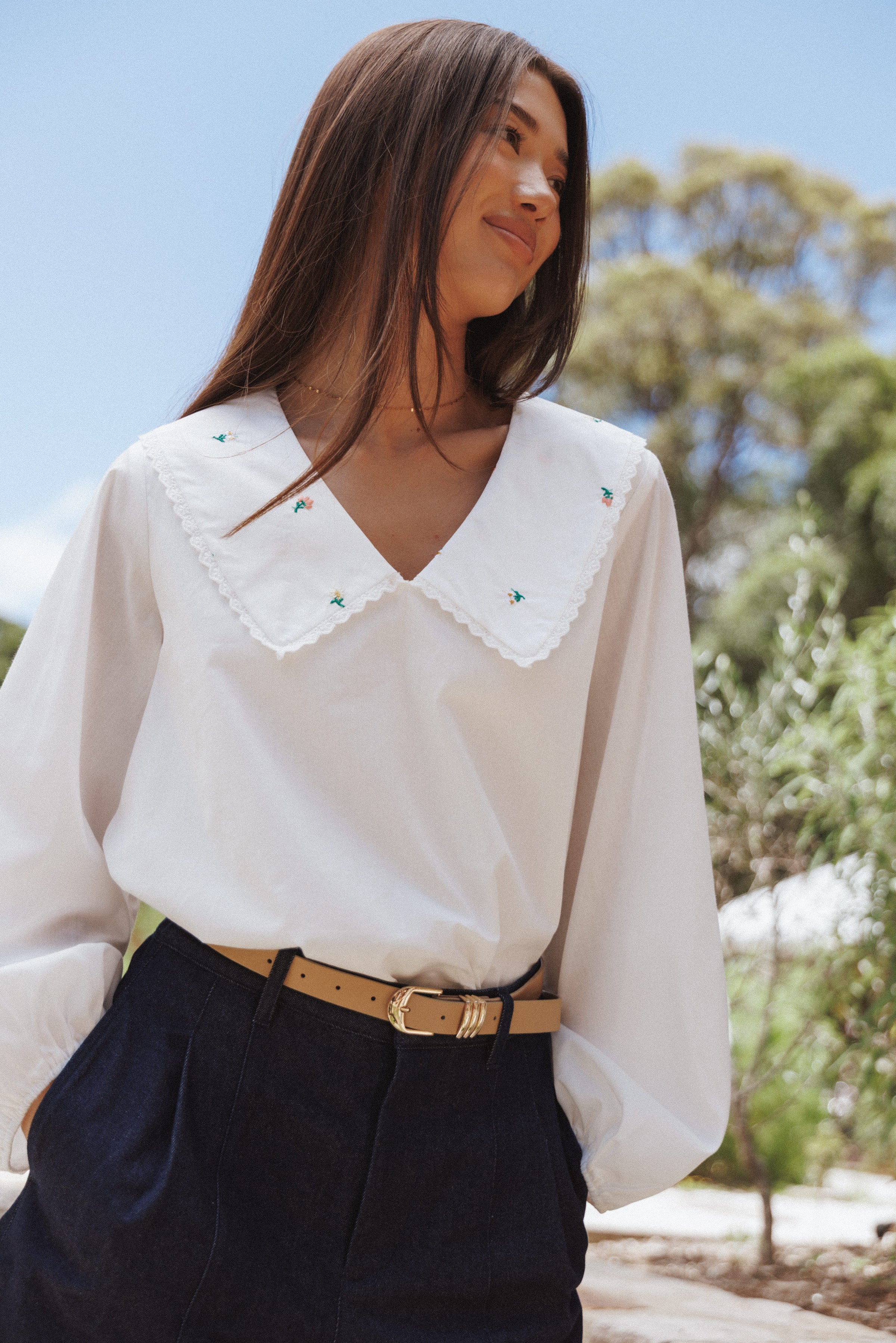 TOPS Kenna Embroidered Long Sleeve Top - White Floral