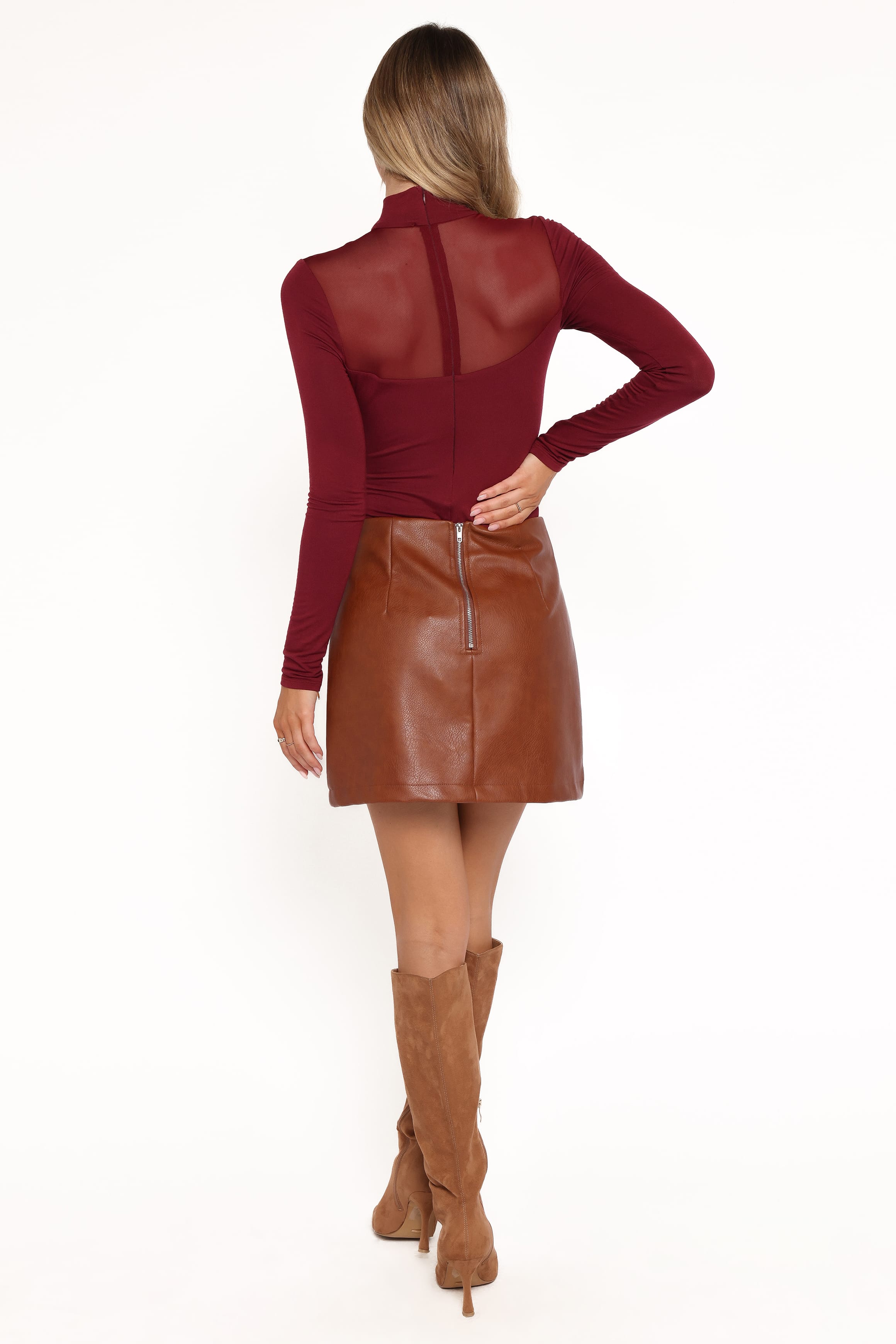 TOPS Kingsley Mesh Long Sleeve Bodysuit - Merlot