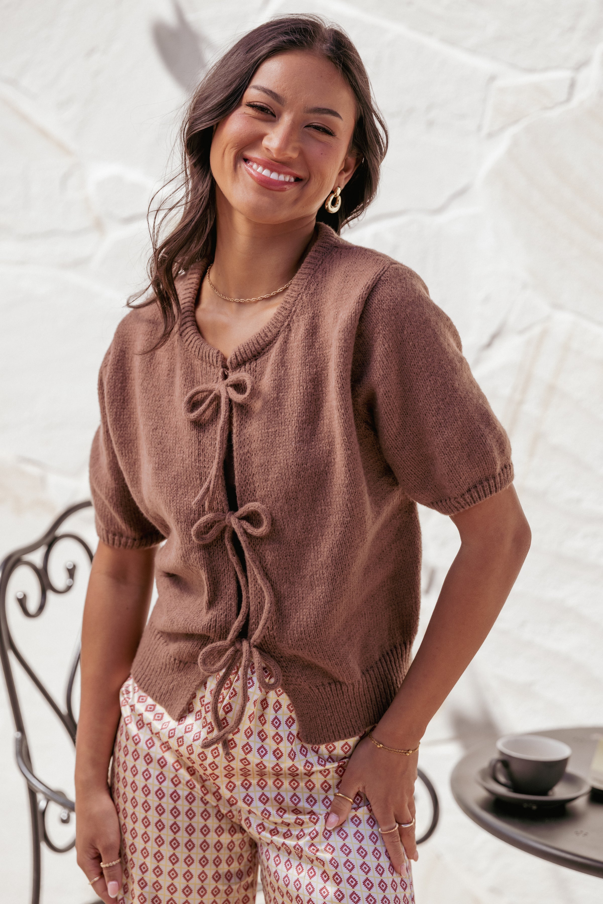 TOPS Koskie Tie Knit Top - Chocolate