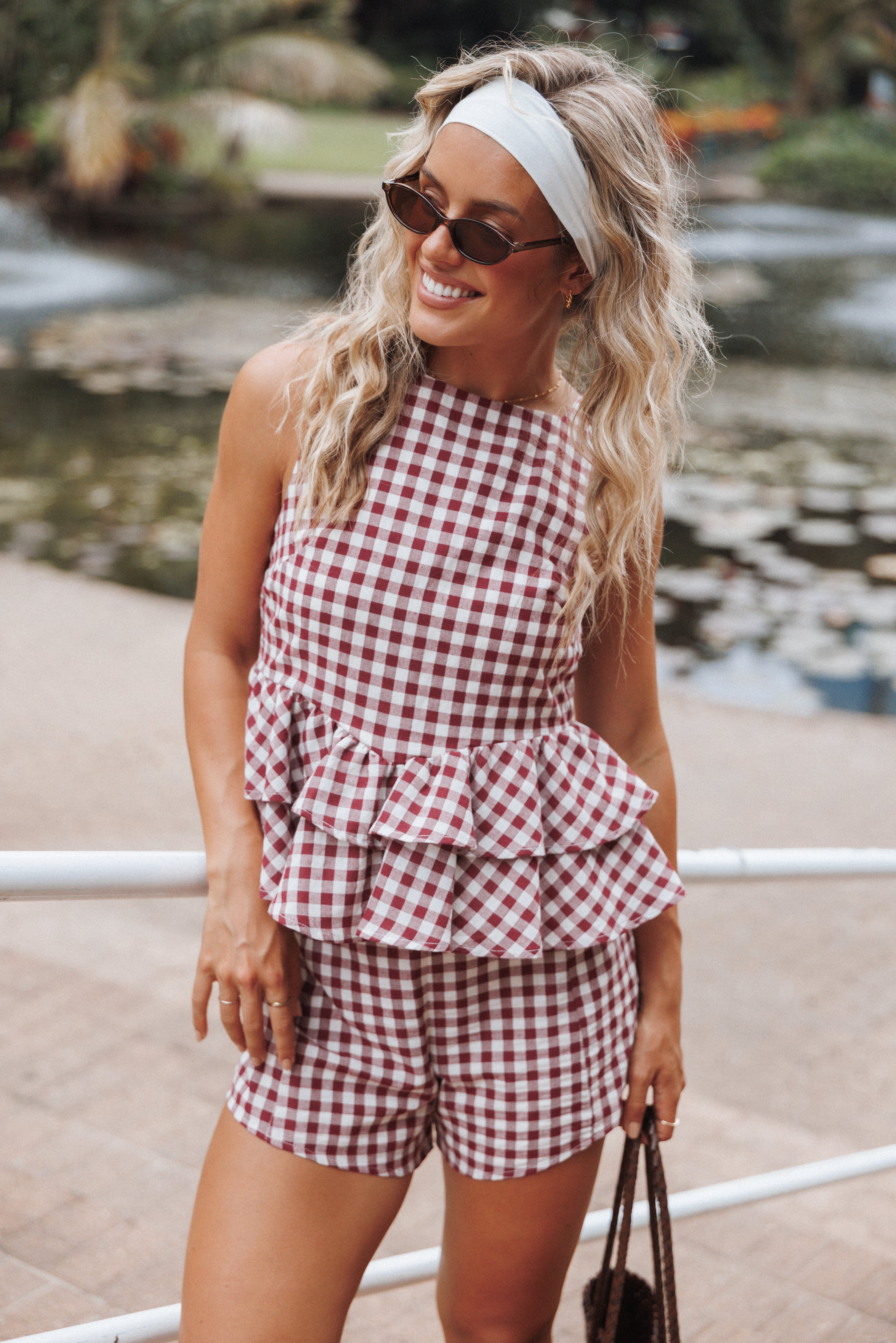 TOPS Landon Tiered Peplum Top - Burgundy Gingham