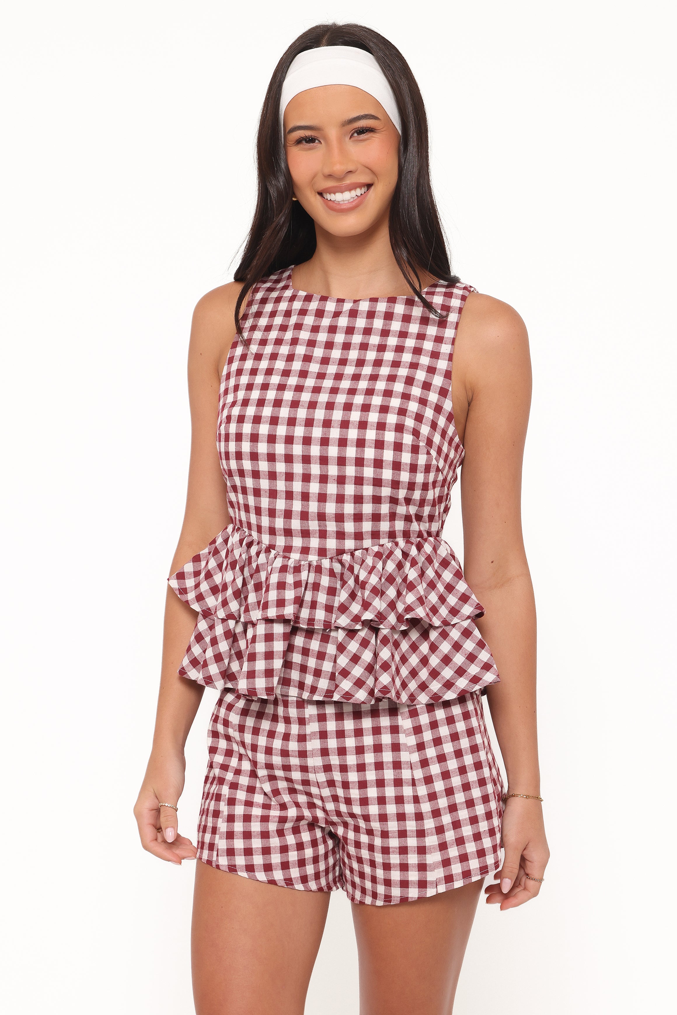 TOPS Landon Tiered Peplum Top - Burgundy Gingham