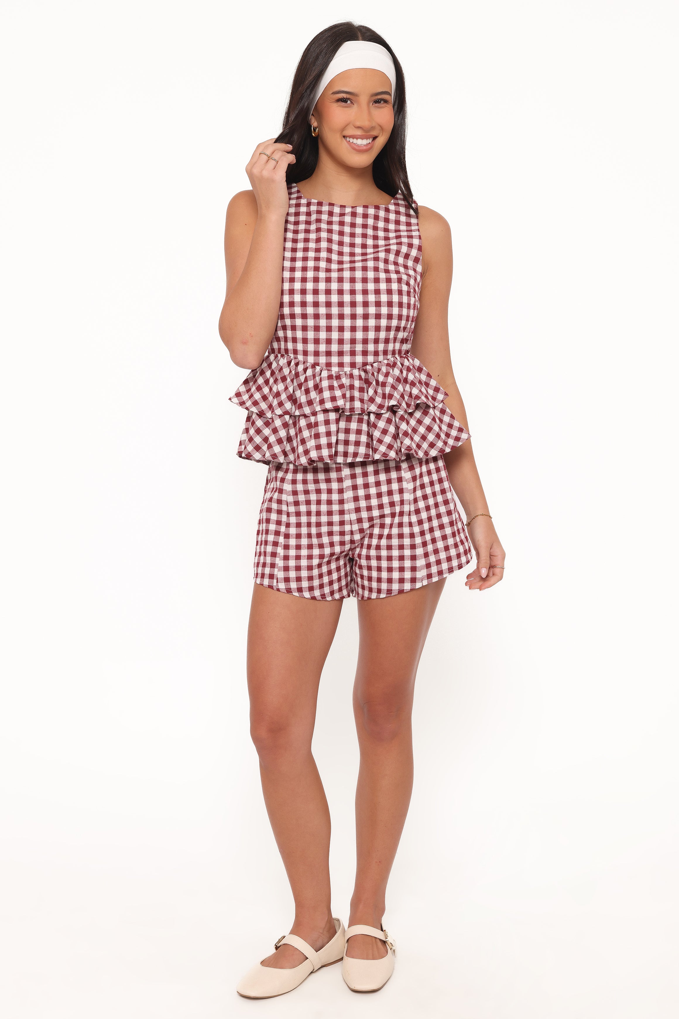 TOPS Landon Tiered Peplum Top - Burgundy Gingham