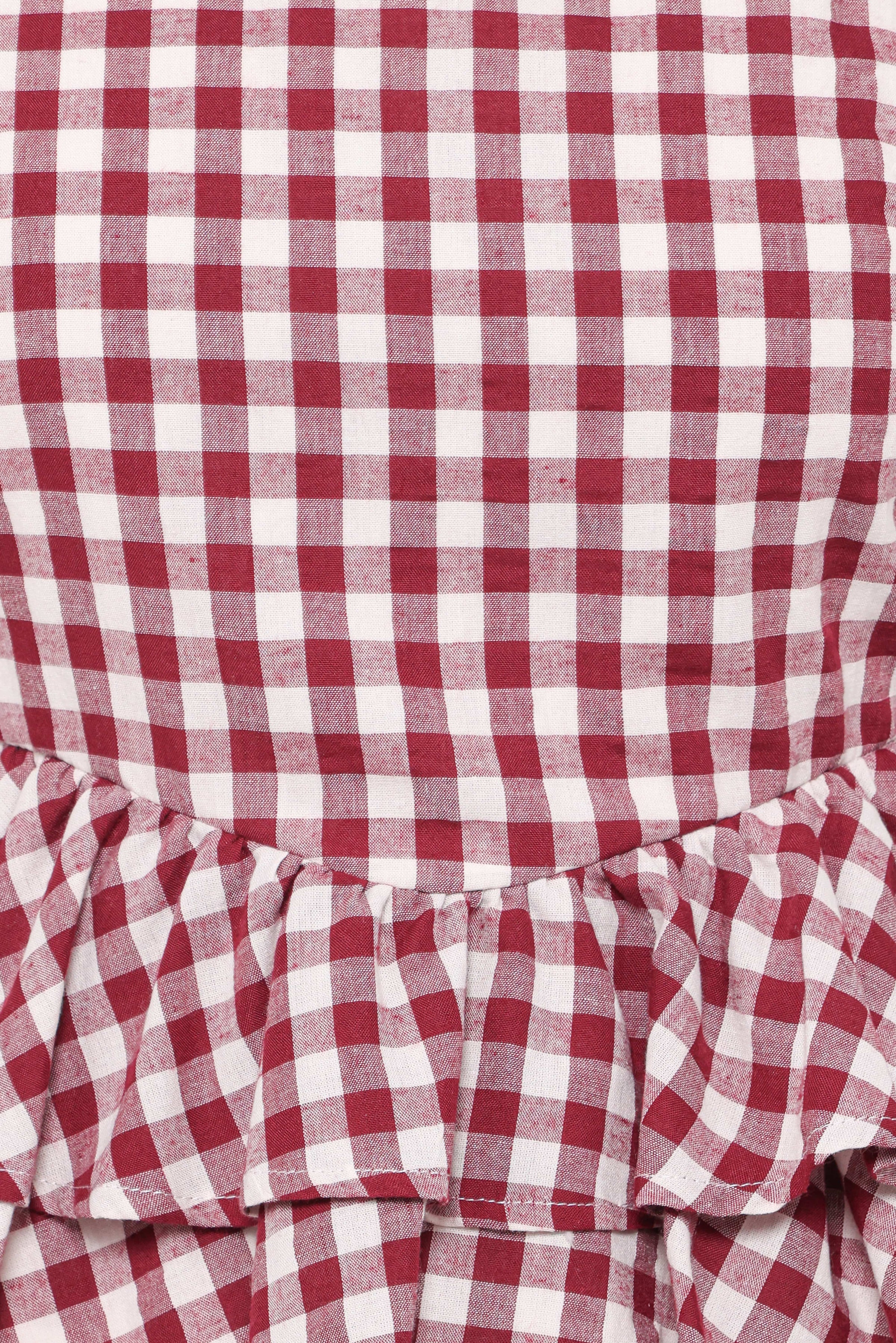 TOPS Landon Tiered Peplum Top - Burgundy Gingham