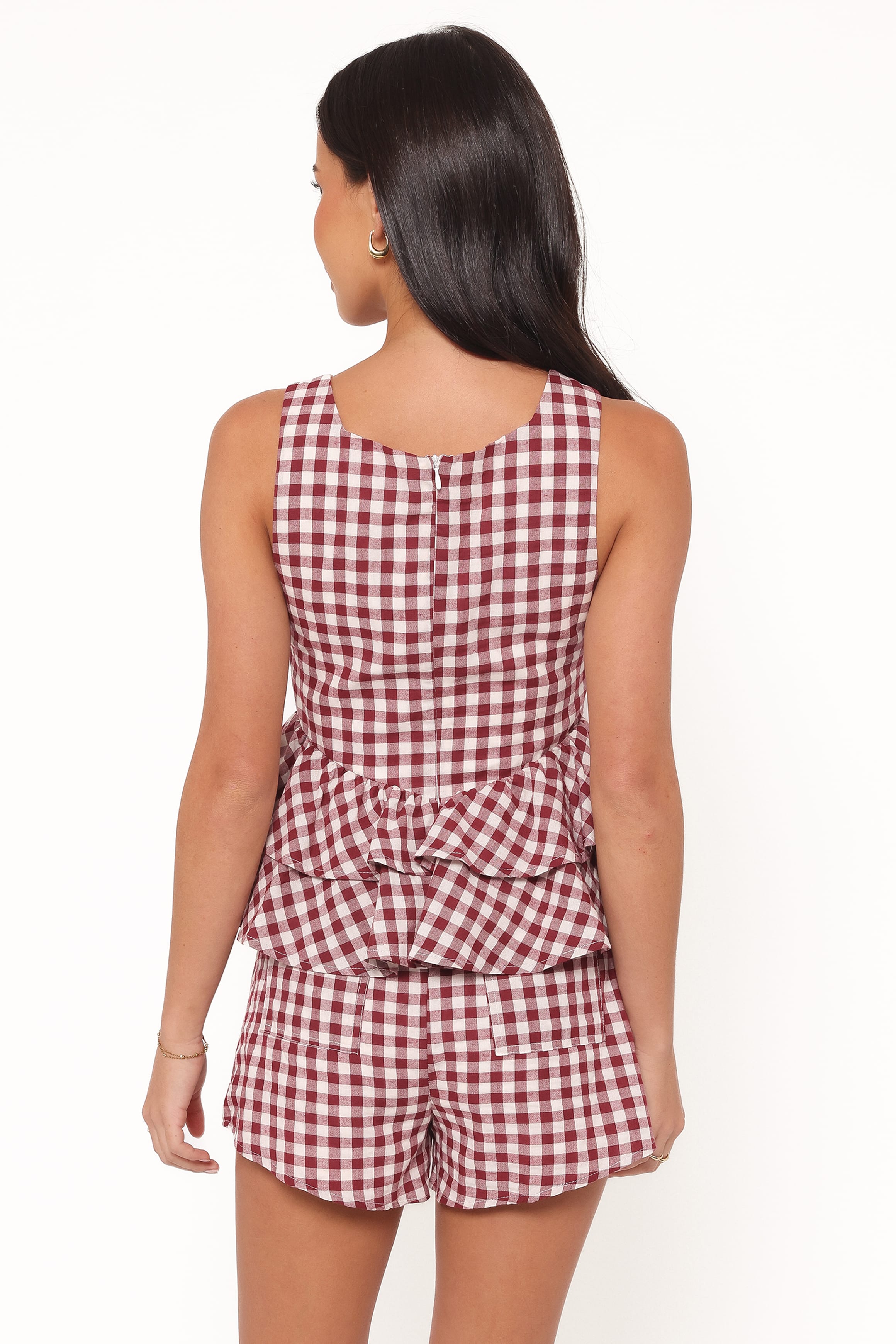 TOPS Landon Tiered Peplum Top - Burgundy Gingham
