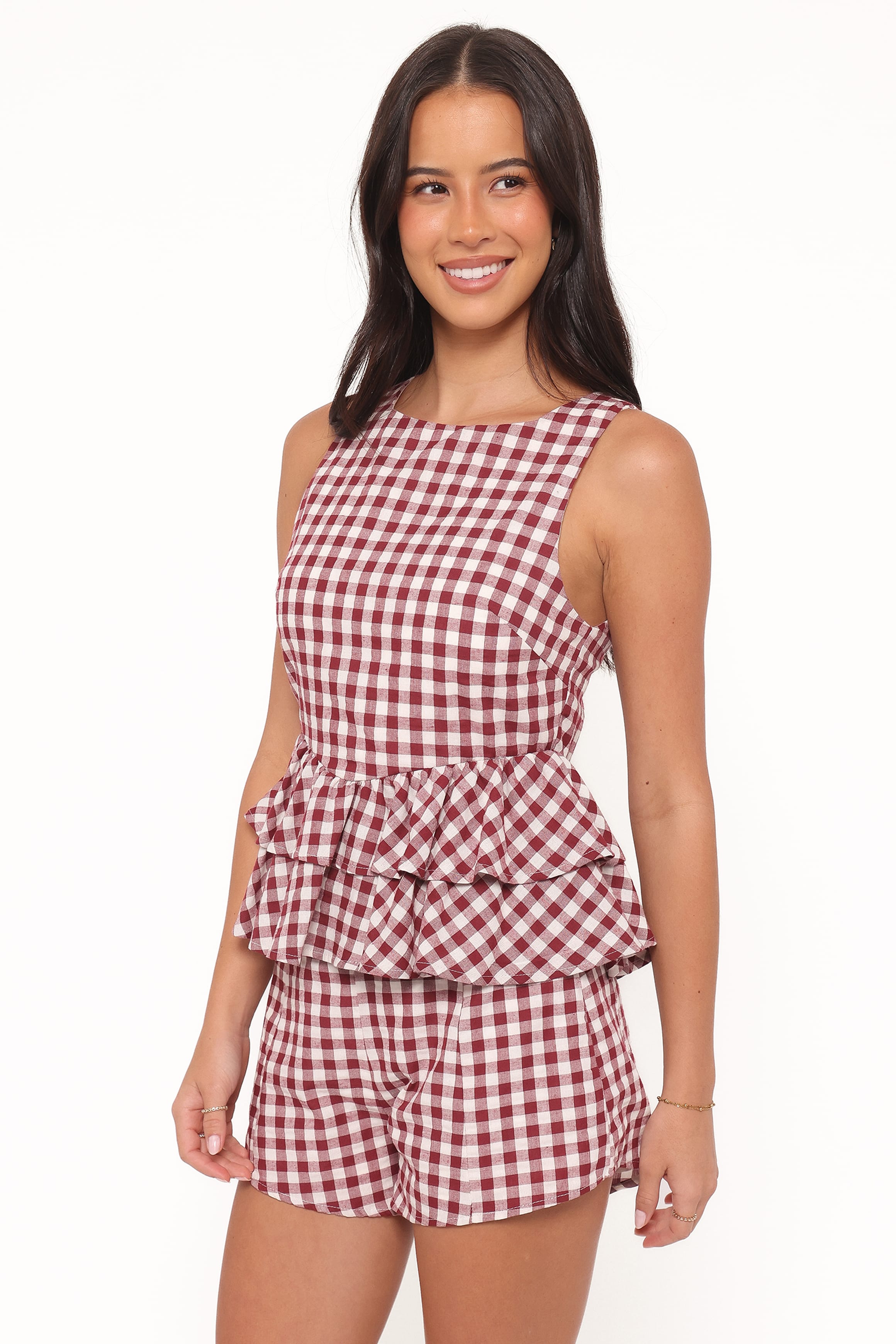 TOPS Landon Tiered Peplum Top - Burgundy Gingham