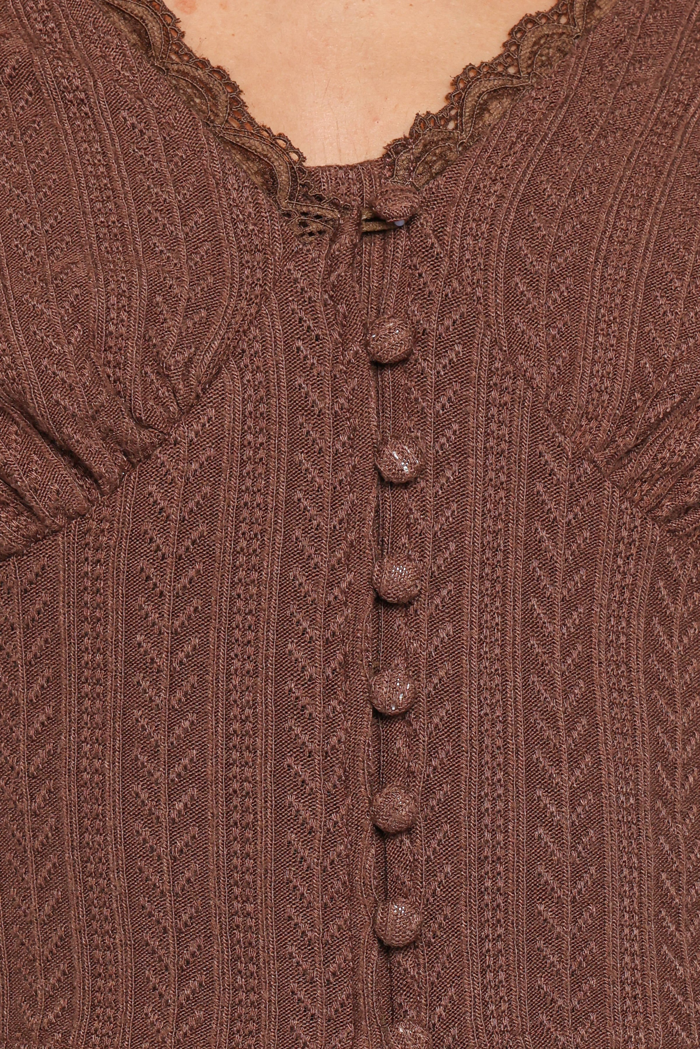 TOPS Leslie Long Sleeve Textured Button Front Top - Chocolate