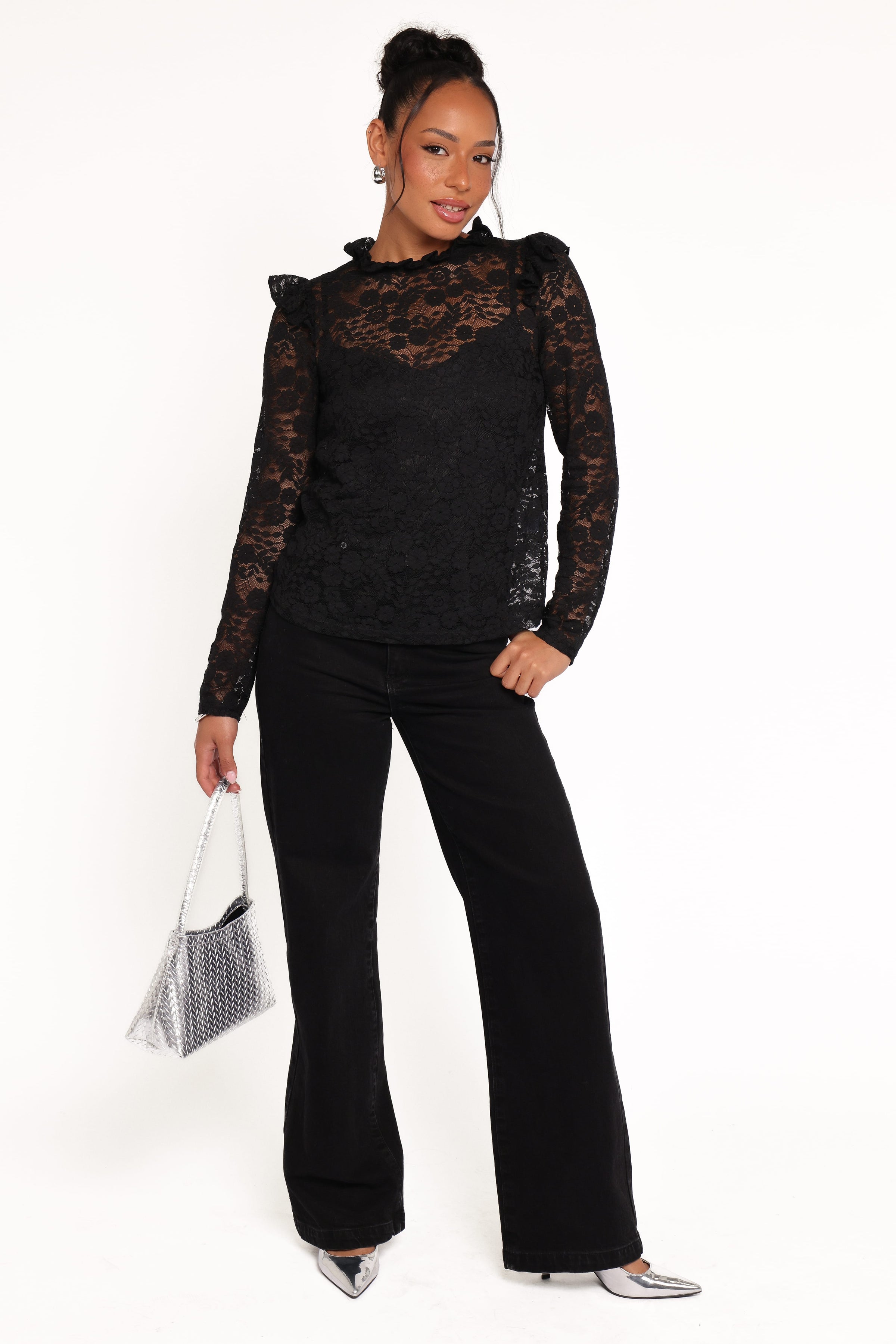 TOPS Lettie Lace Ruffle Top - Black