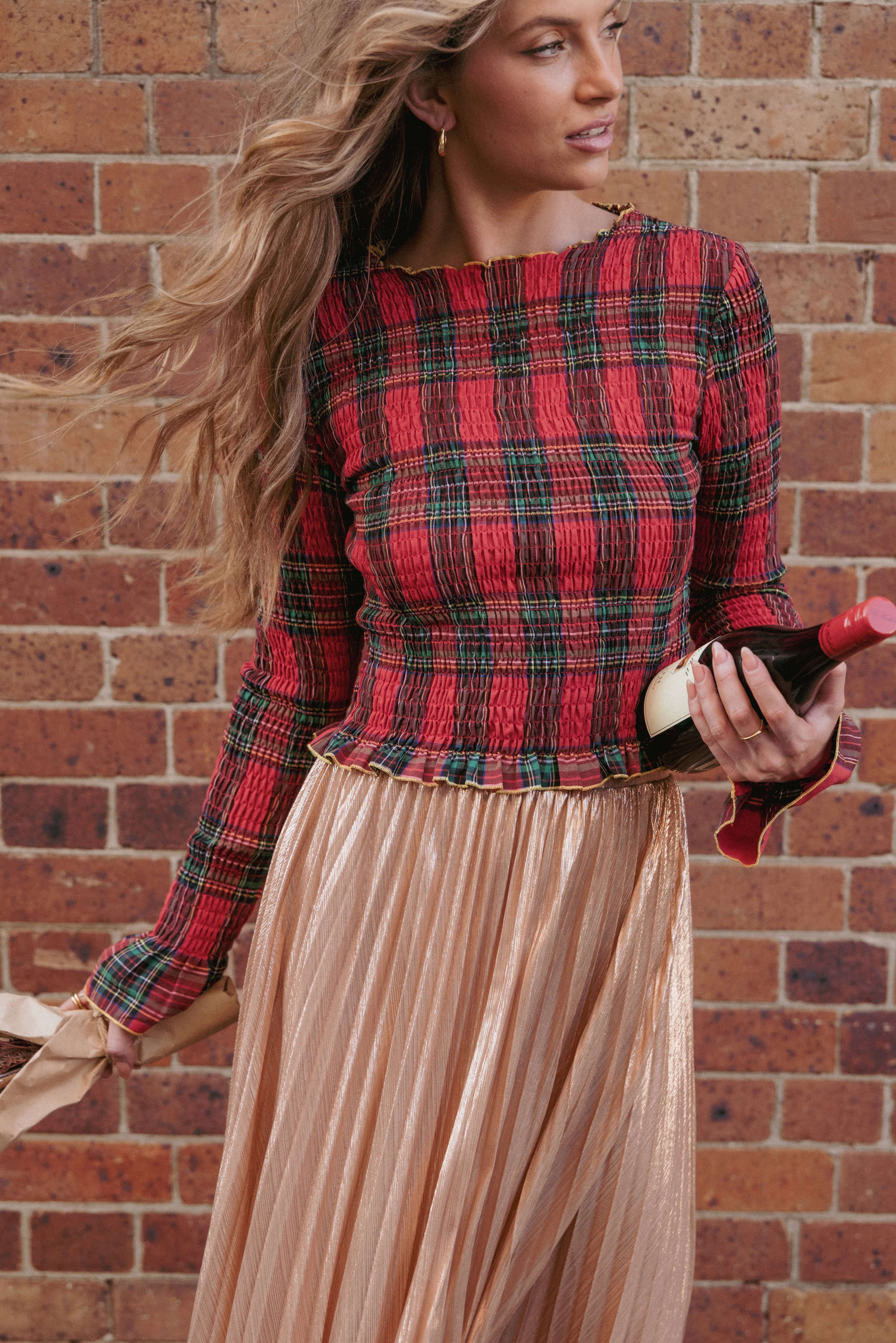 TOPS Lillee Ruched Top - Red Plaid