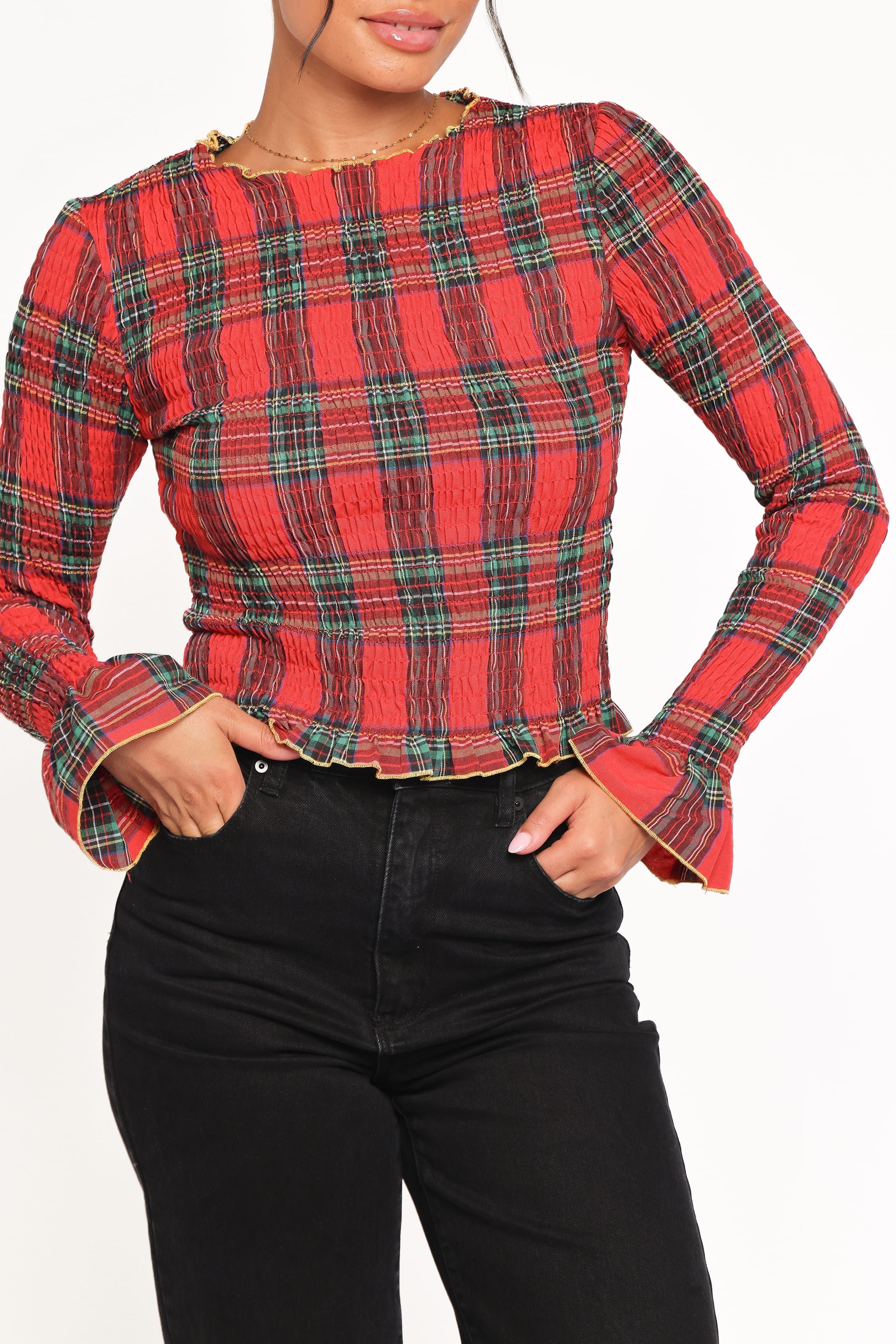 TOPS Lillee Ruched Top - Red Plaid
