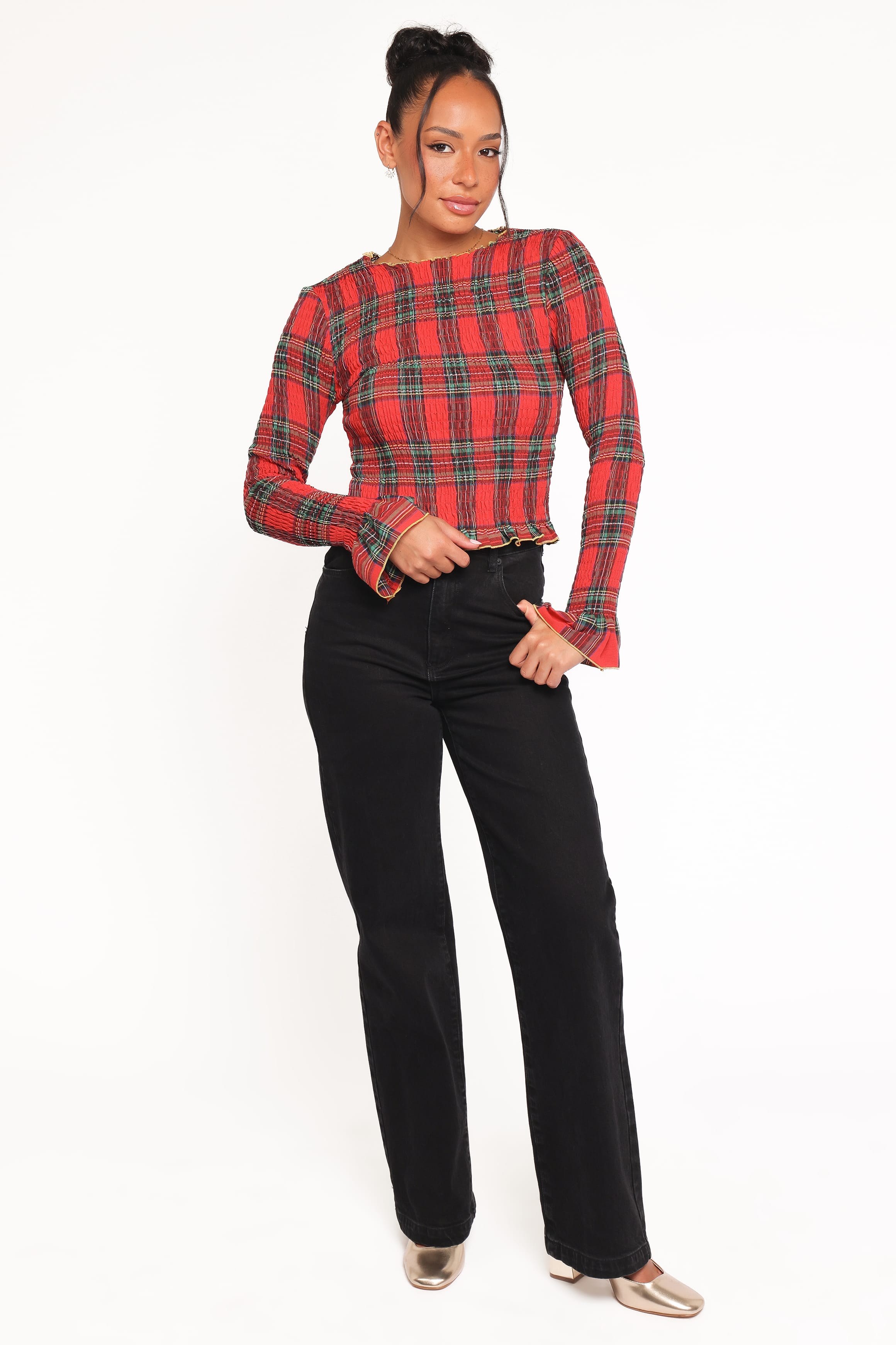 TOPS Lillee Ruched Top - Red Plaid