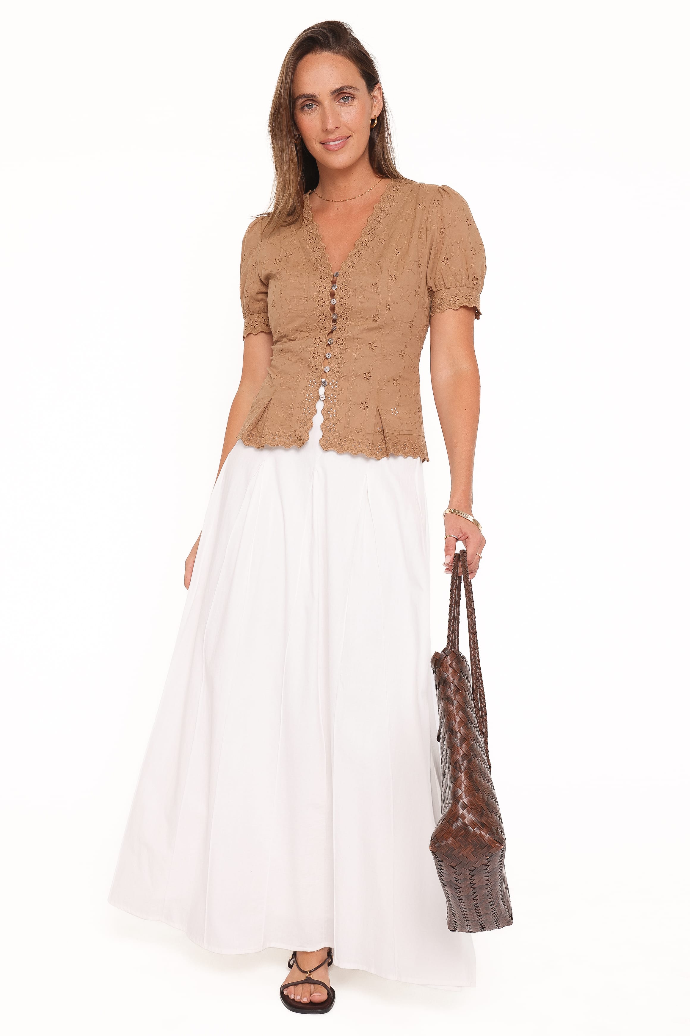 TOPS Lorraine Eyelet Top - Brown