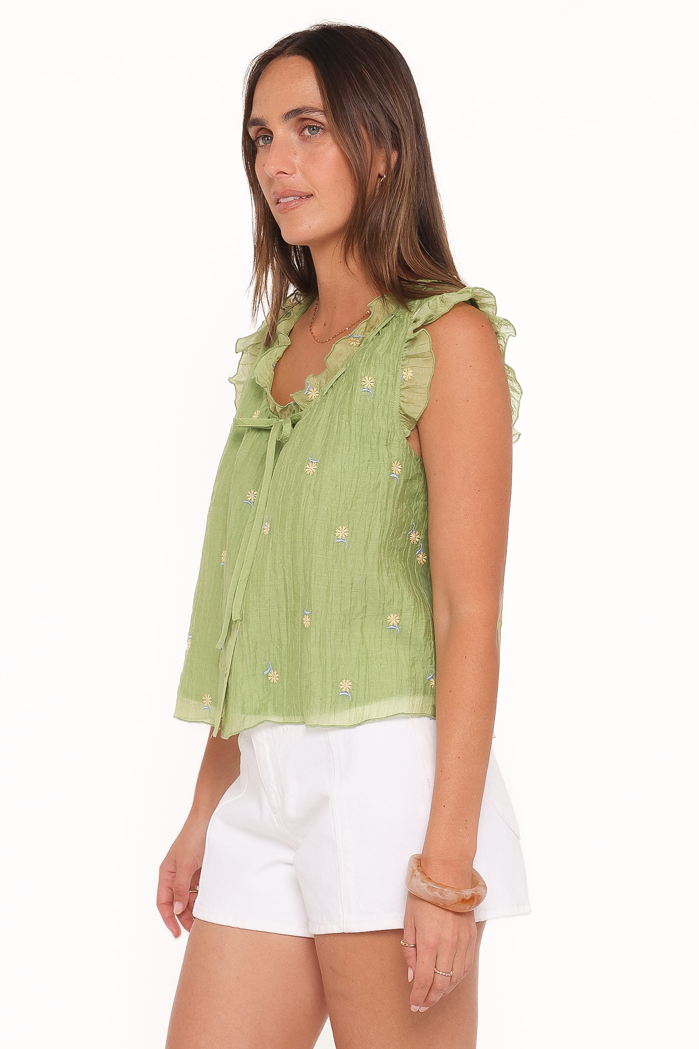 TOPS Lumi Embroidered Ruffle Top - Green