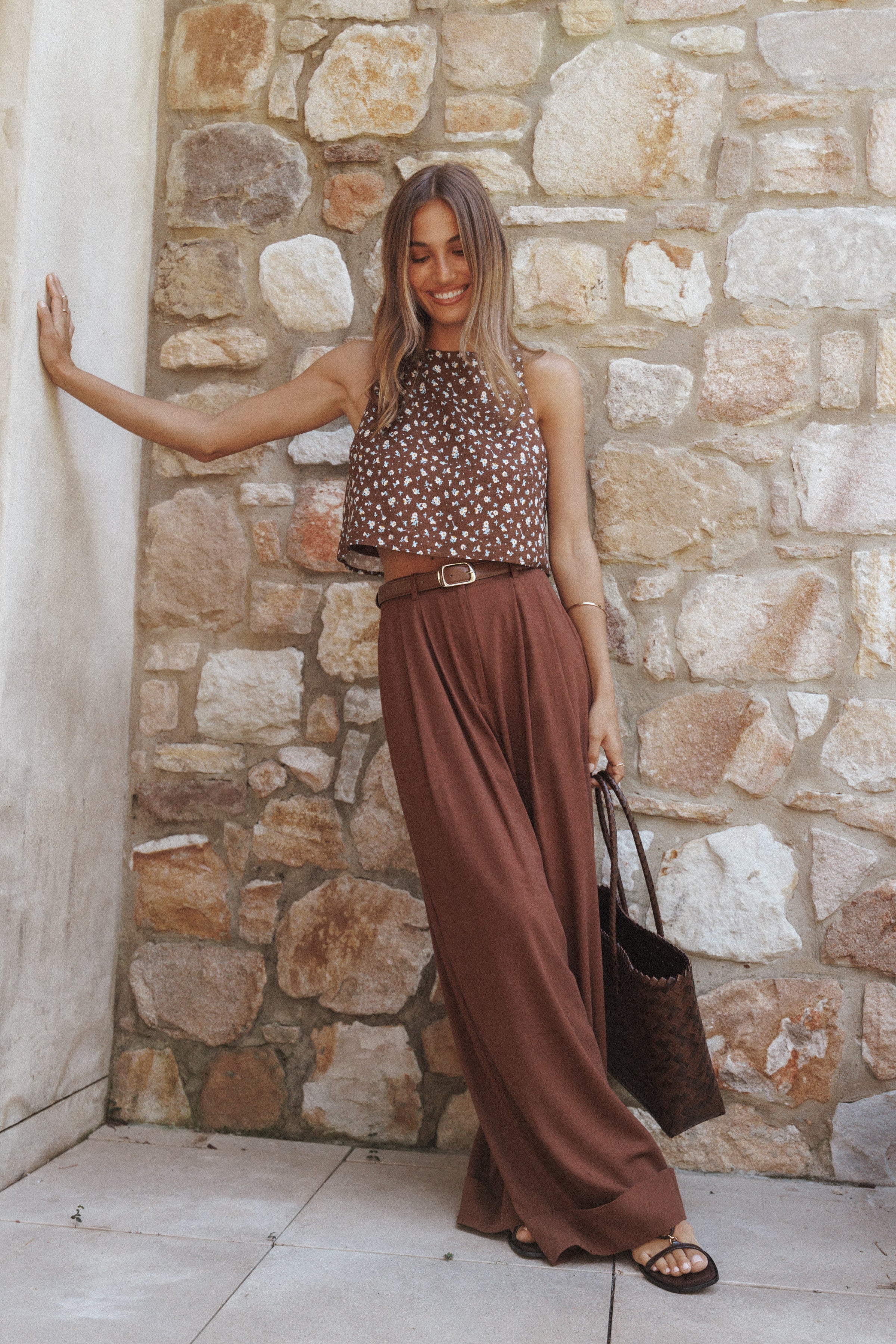 TOPS Madison Linen Cropped Tank - Brown Floral