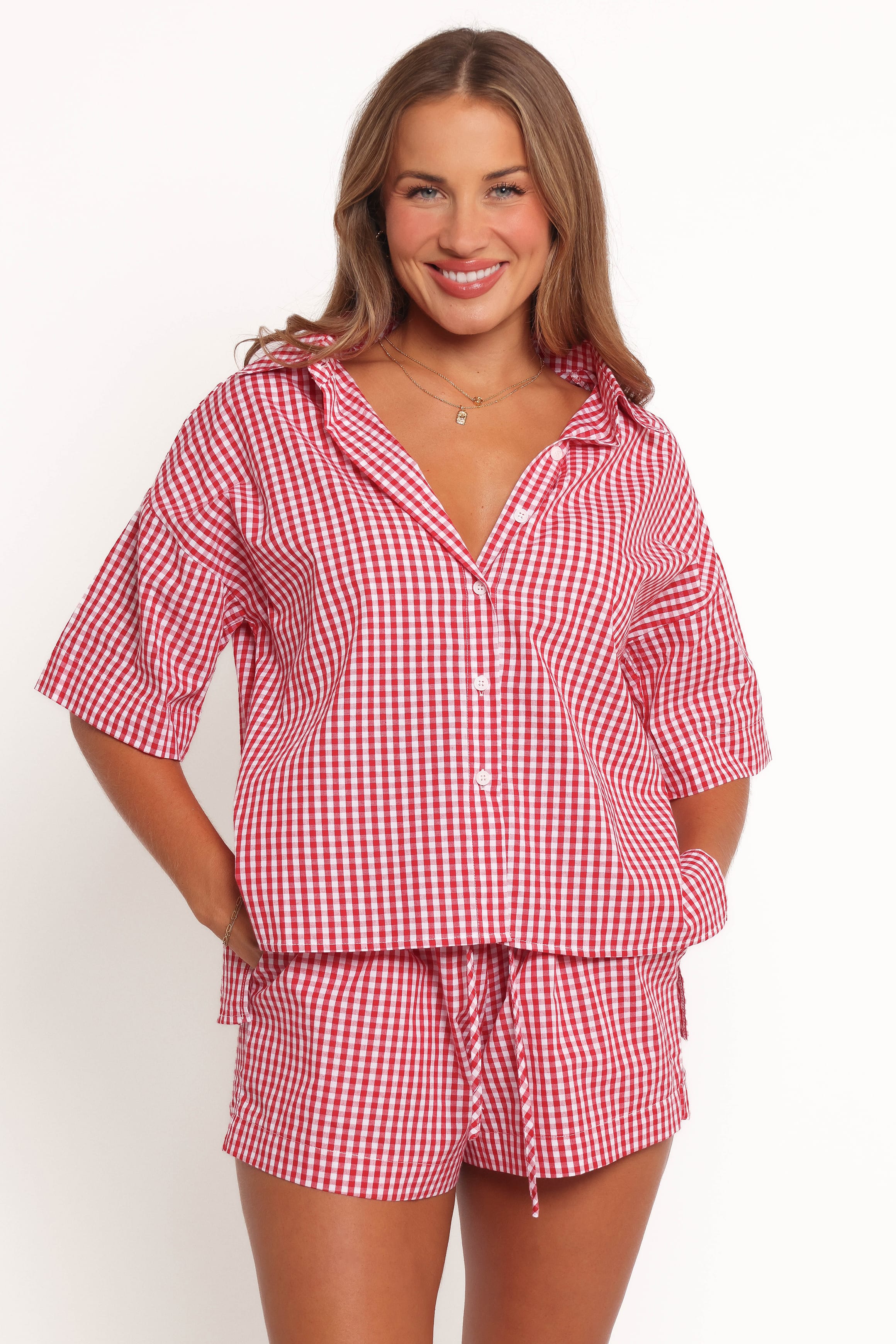 TOPS Maeo Short Sleeve Top - Red Check