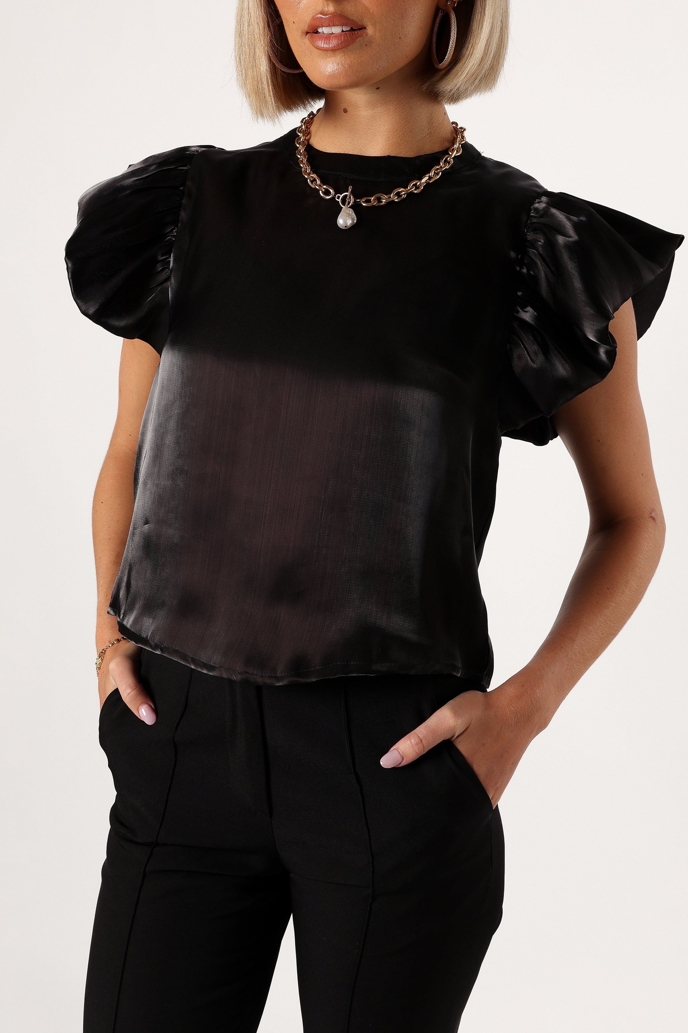 TOPS @Marianna Ruffle Sleeve Top - Black