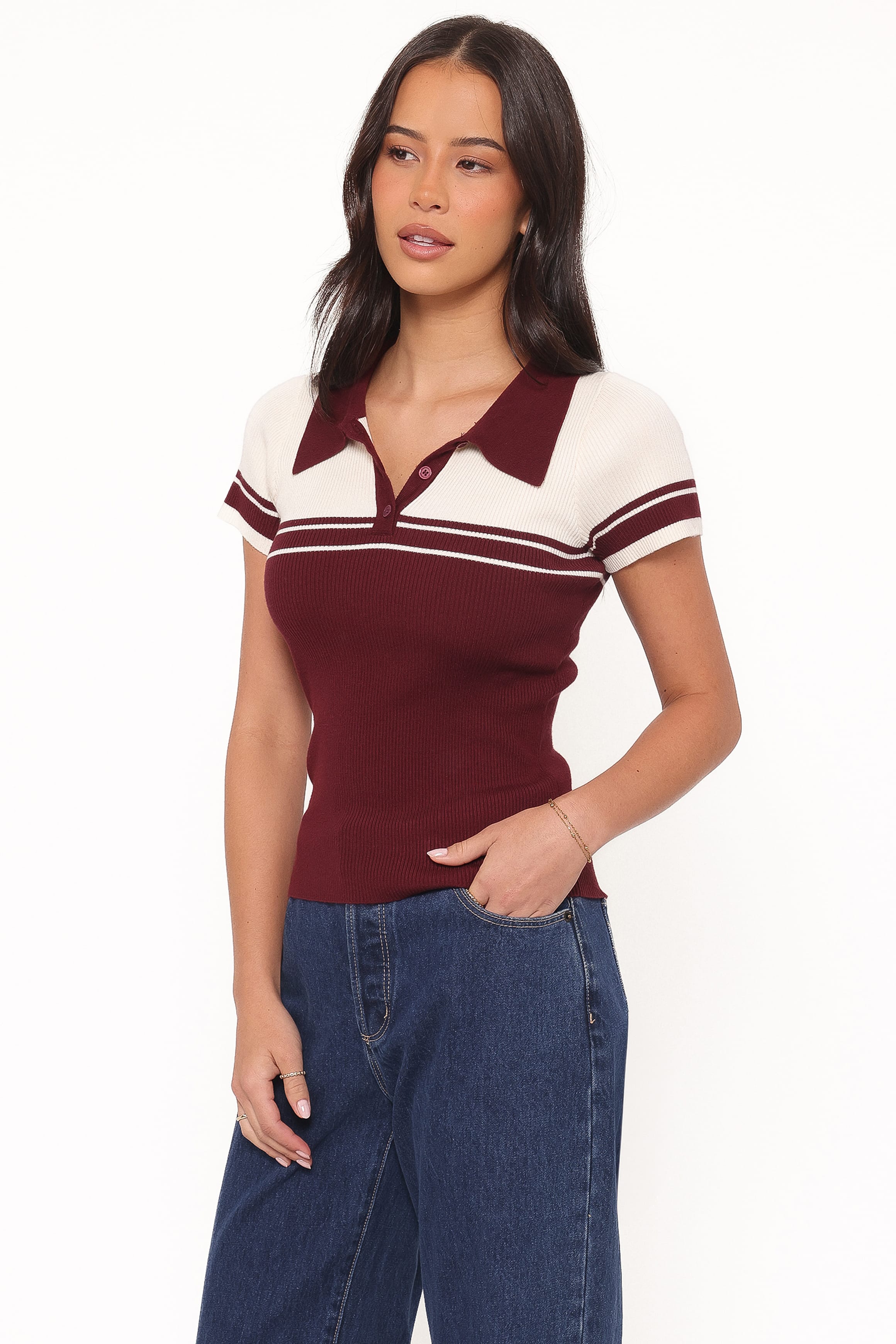 TOPS Maris Knit Polo Top - Burgundy/Cream Stripe