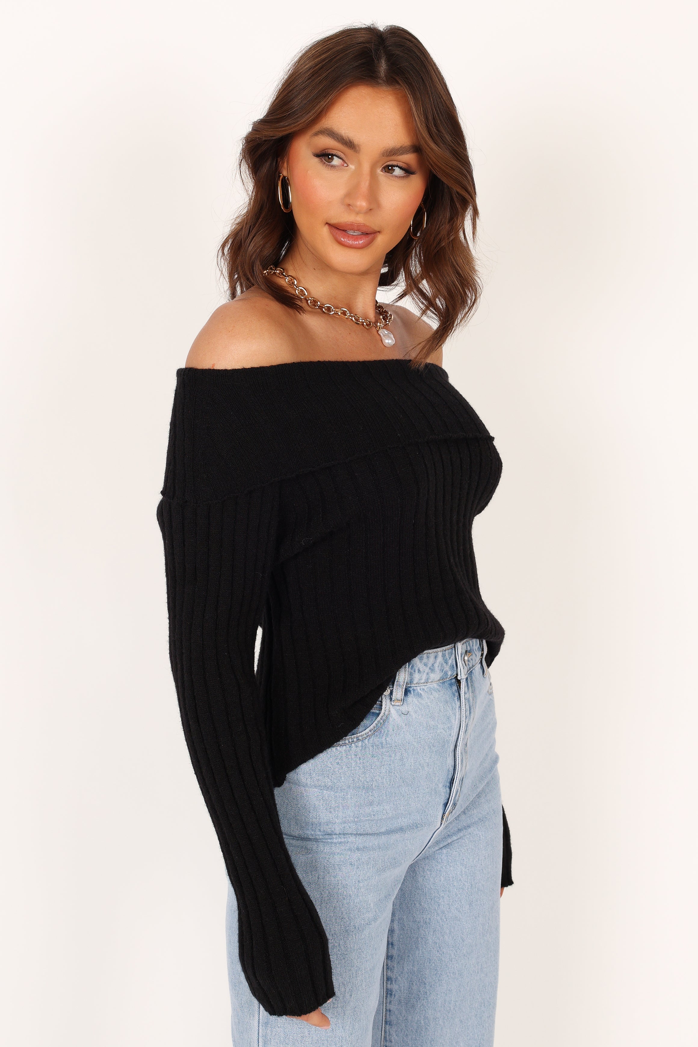TOPS @Marlon Off Shoulder Knit Top - Black