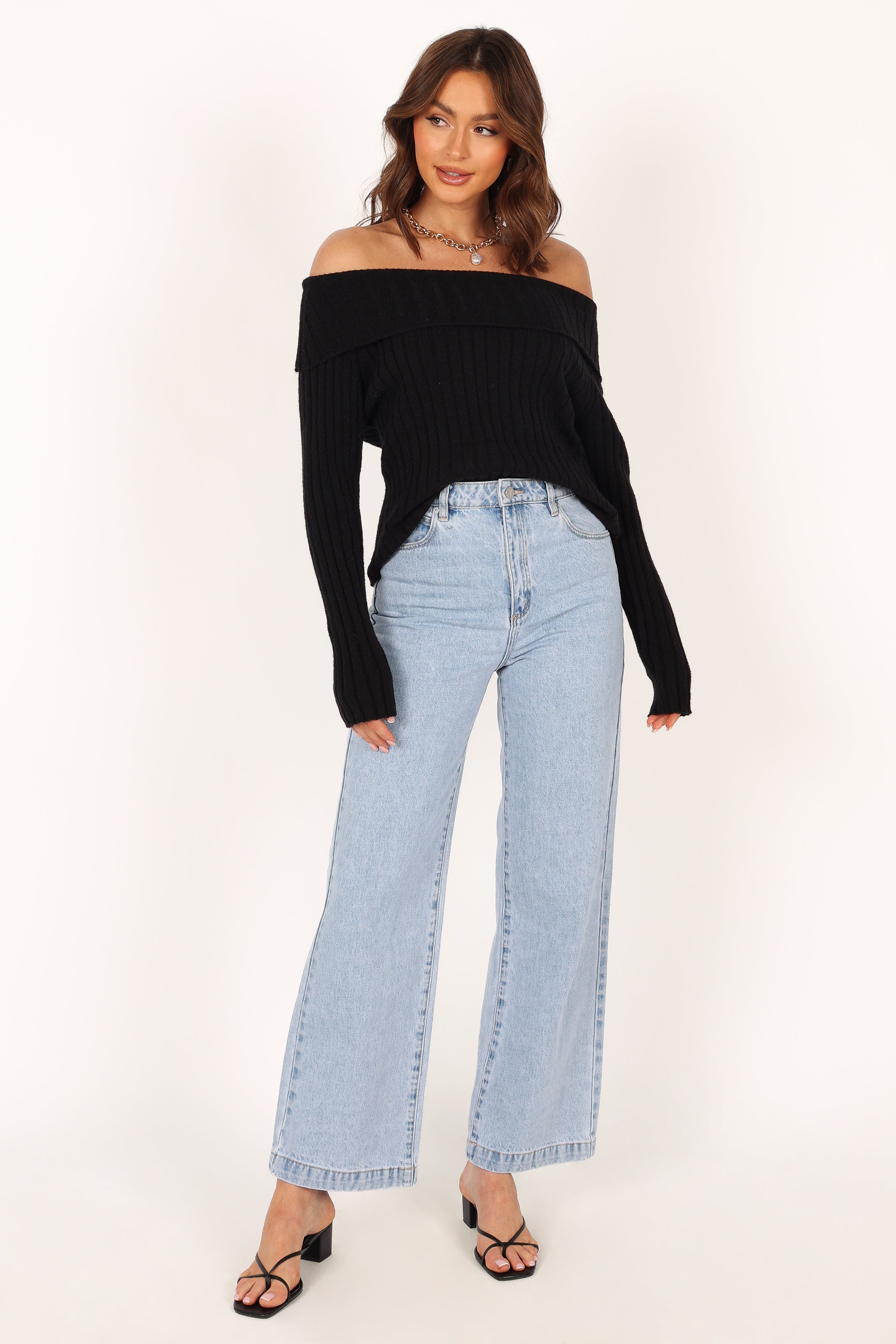 TOPS @Marlon Off Shoulder Knit Top - Black