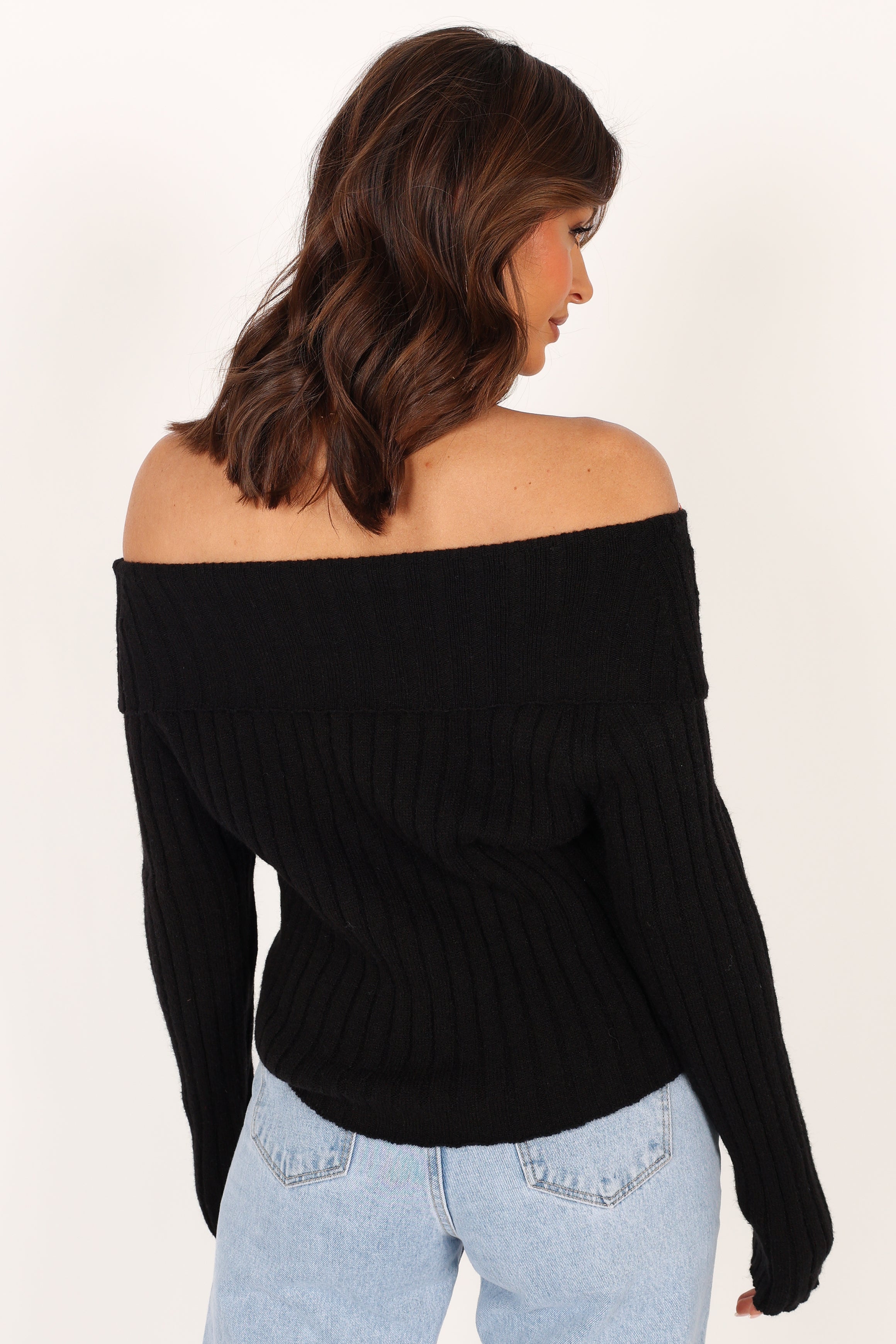 TOPS @Marlon Off Shoulder Knit Top - Black
