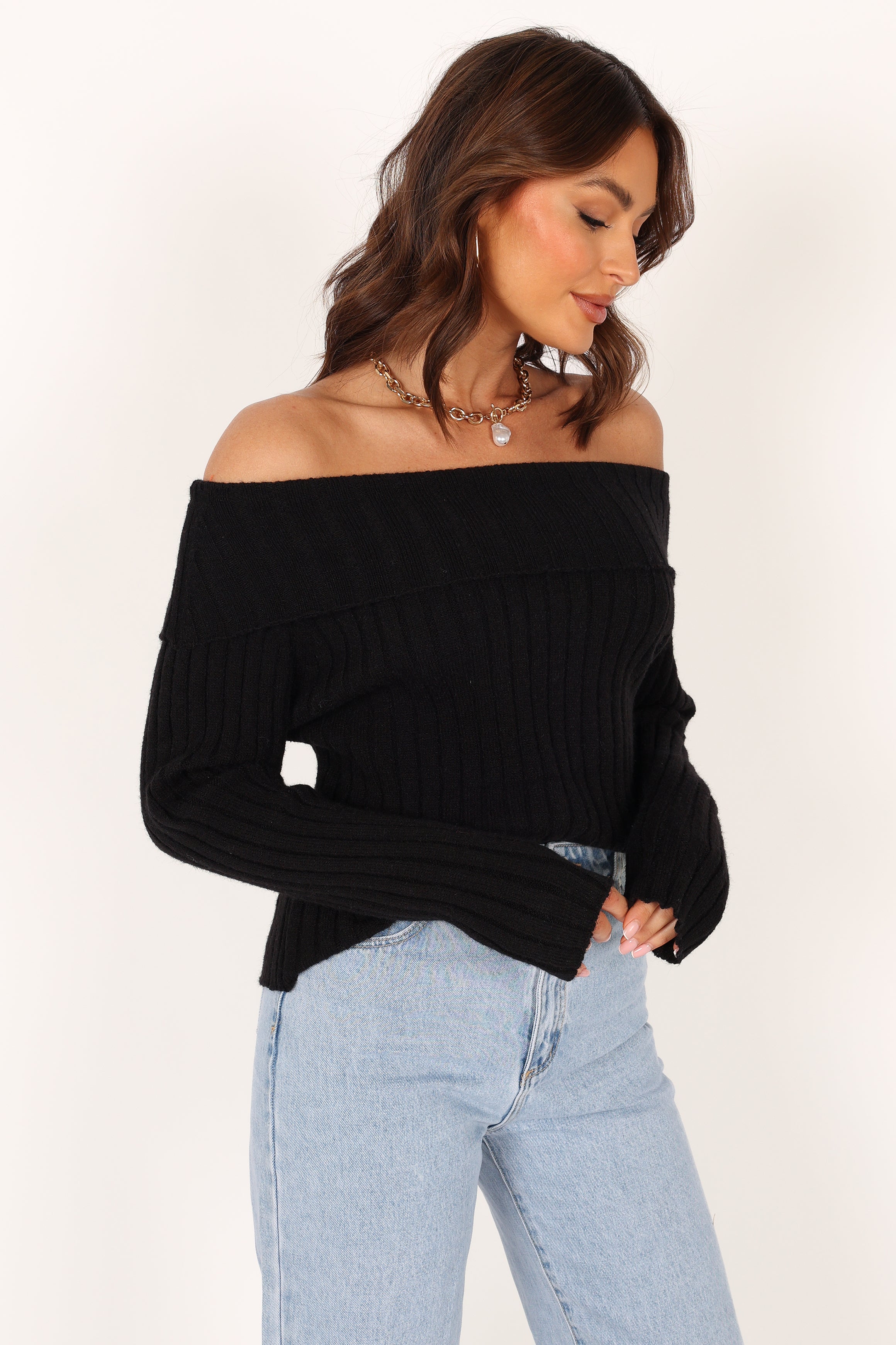 TOPS @Marlon Off Shoulder Knit Top - Black