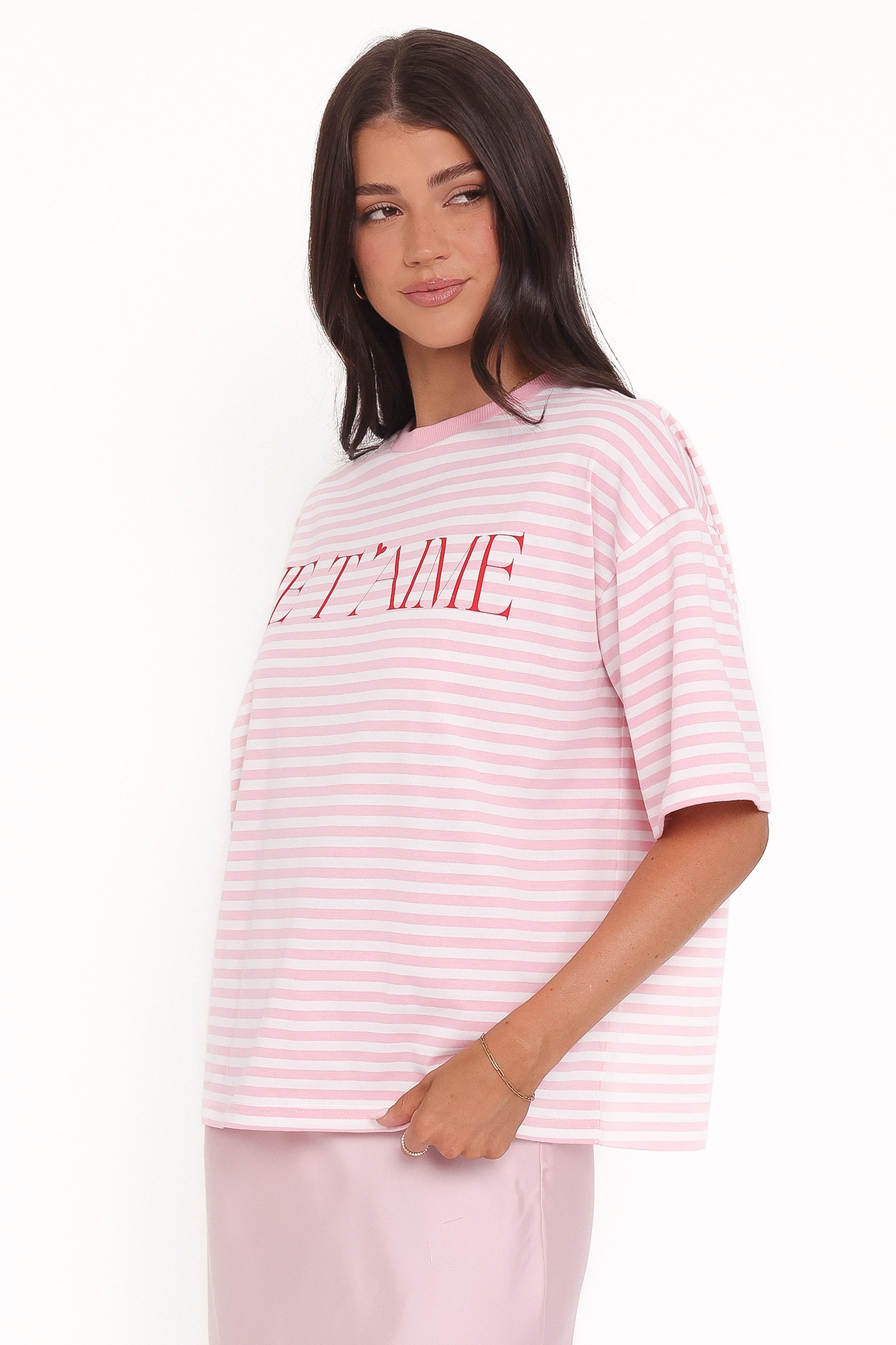 TOPS Marly Je T'Aime Tee - Pink Stripe