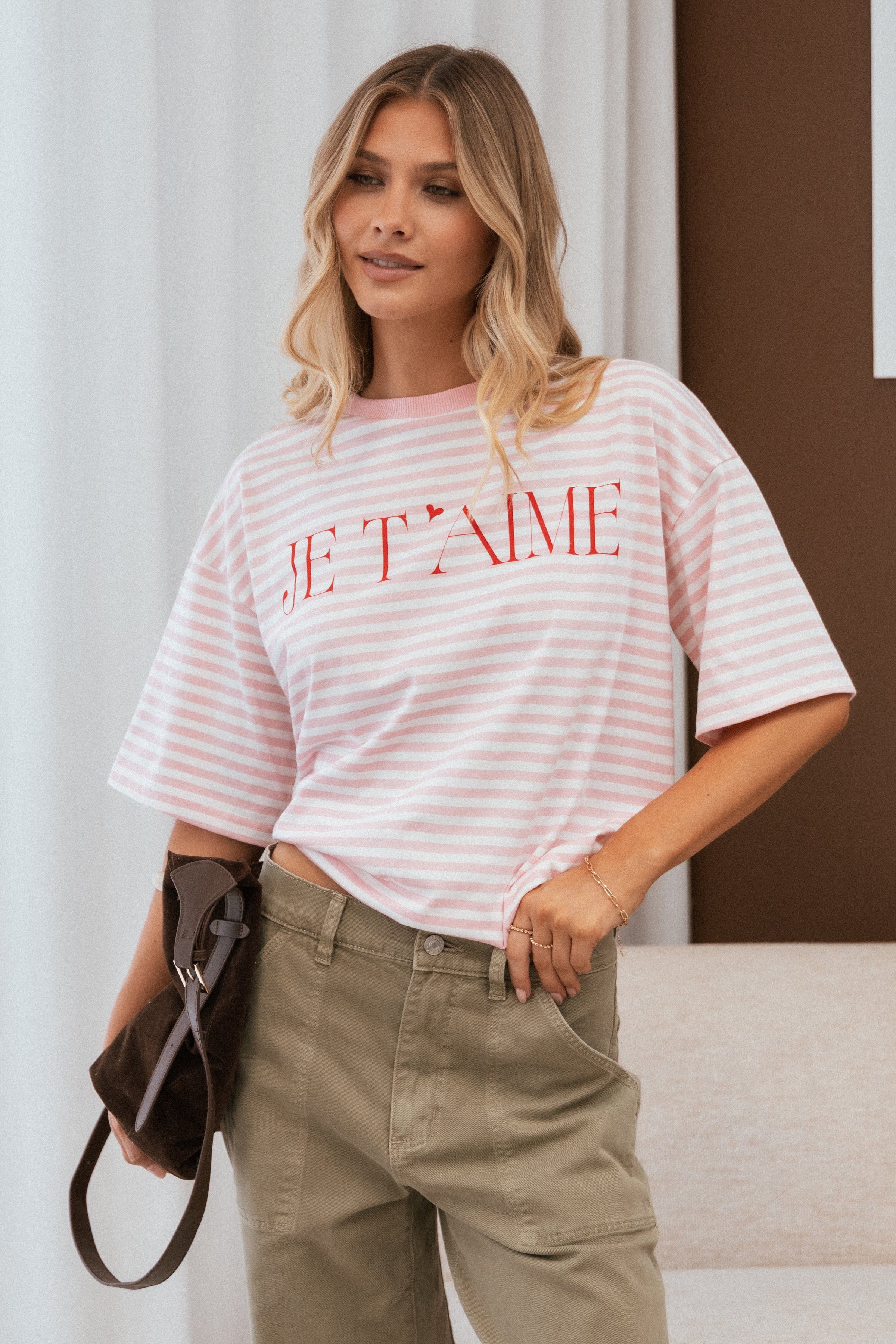 TOPS Marly Je T'Aime Tee - Pink Stripe