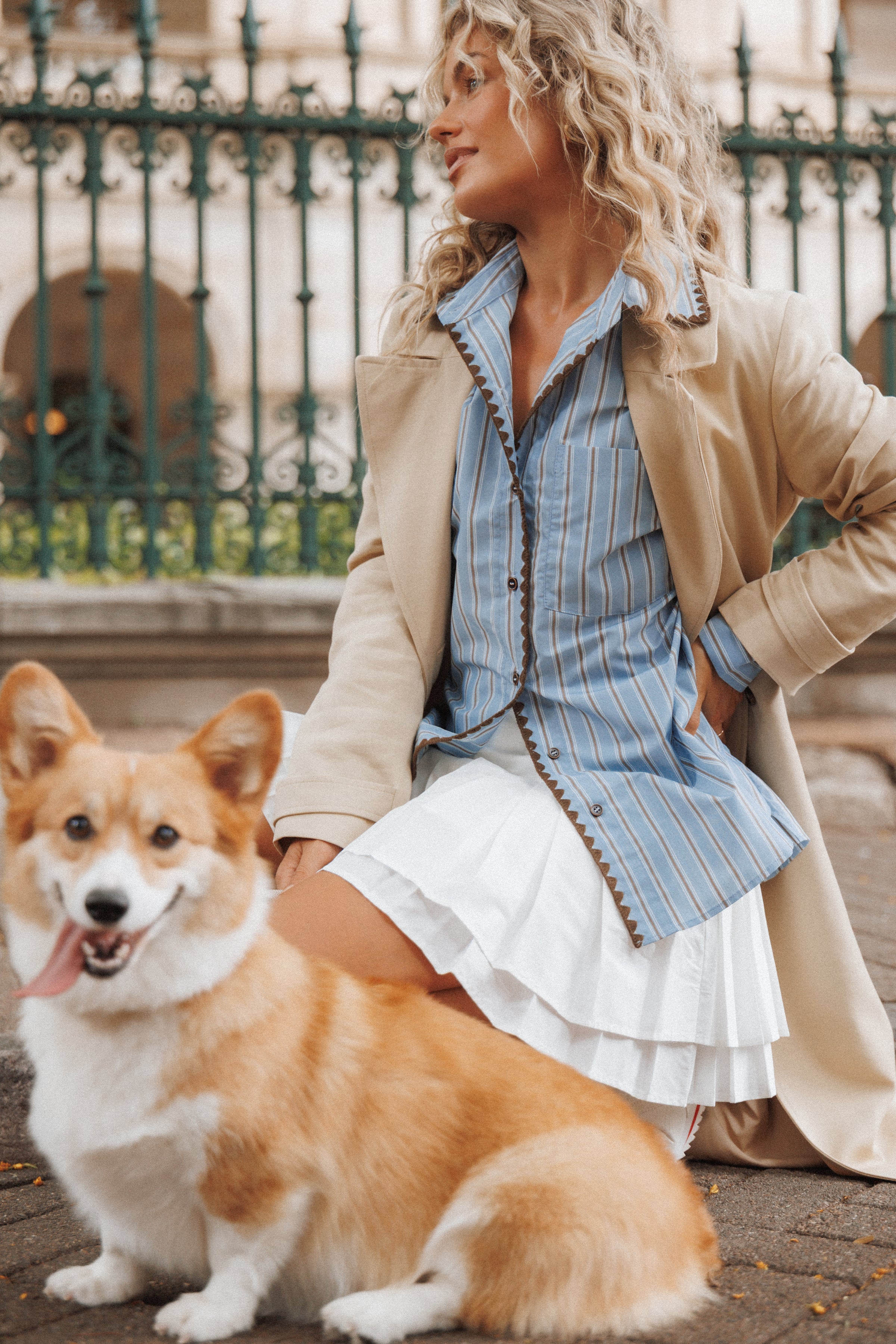 TOPS Mila Button Up Shirt - Blue/Brown Stripe