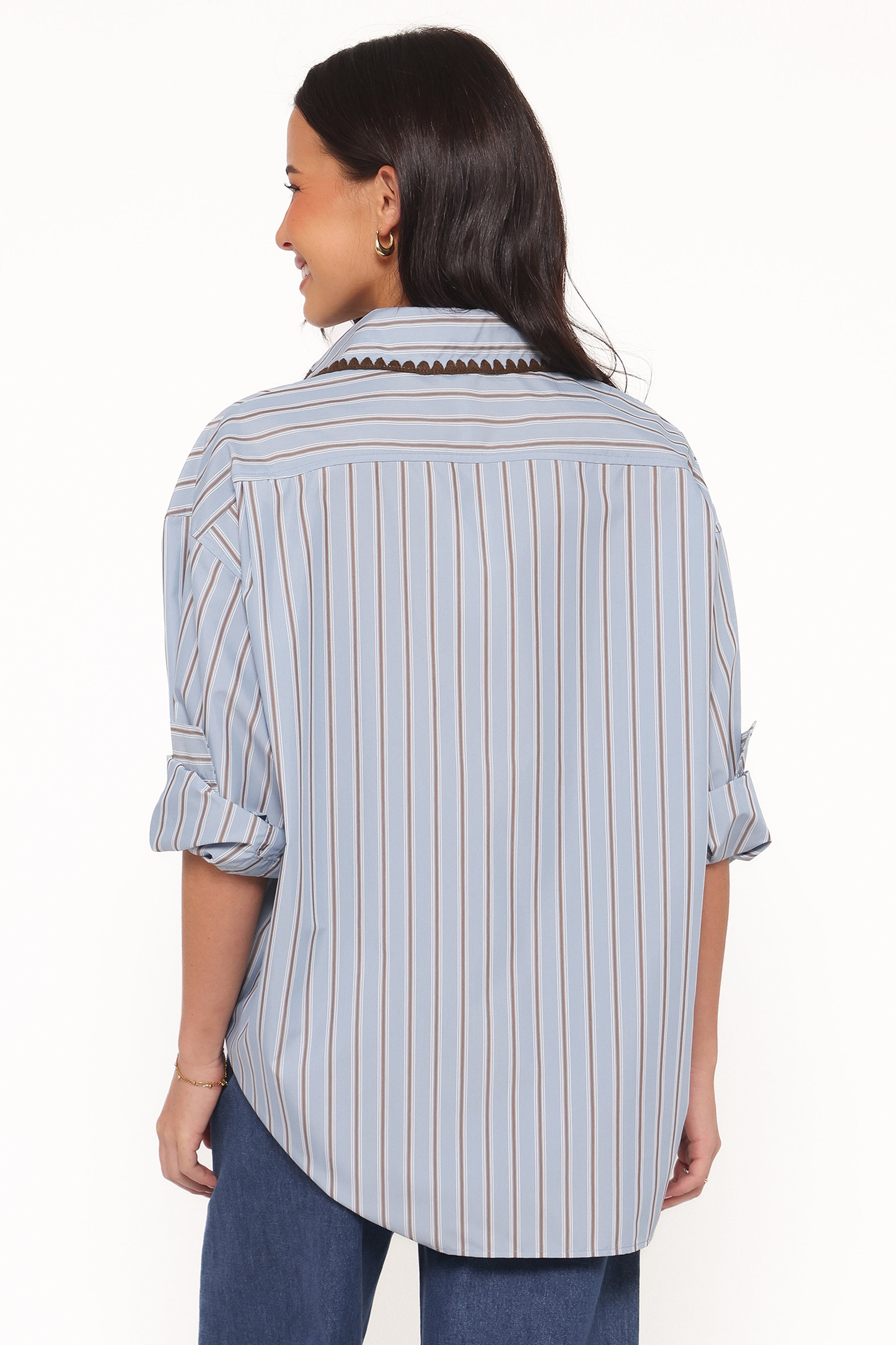 TOPS Mila Button Up Shirt - Blue/Brown Stripe