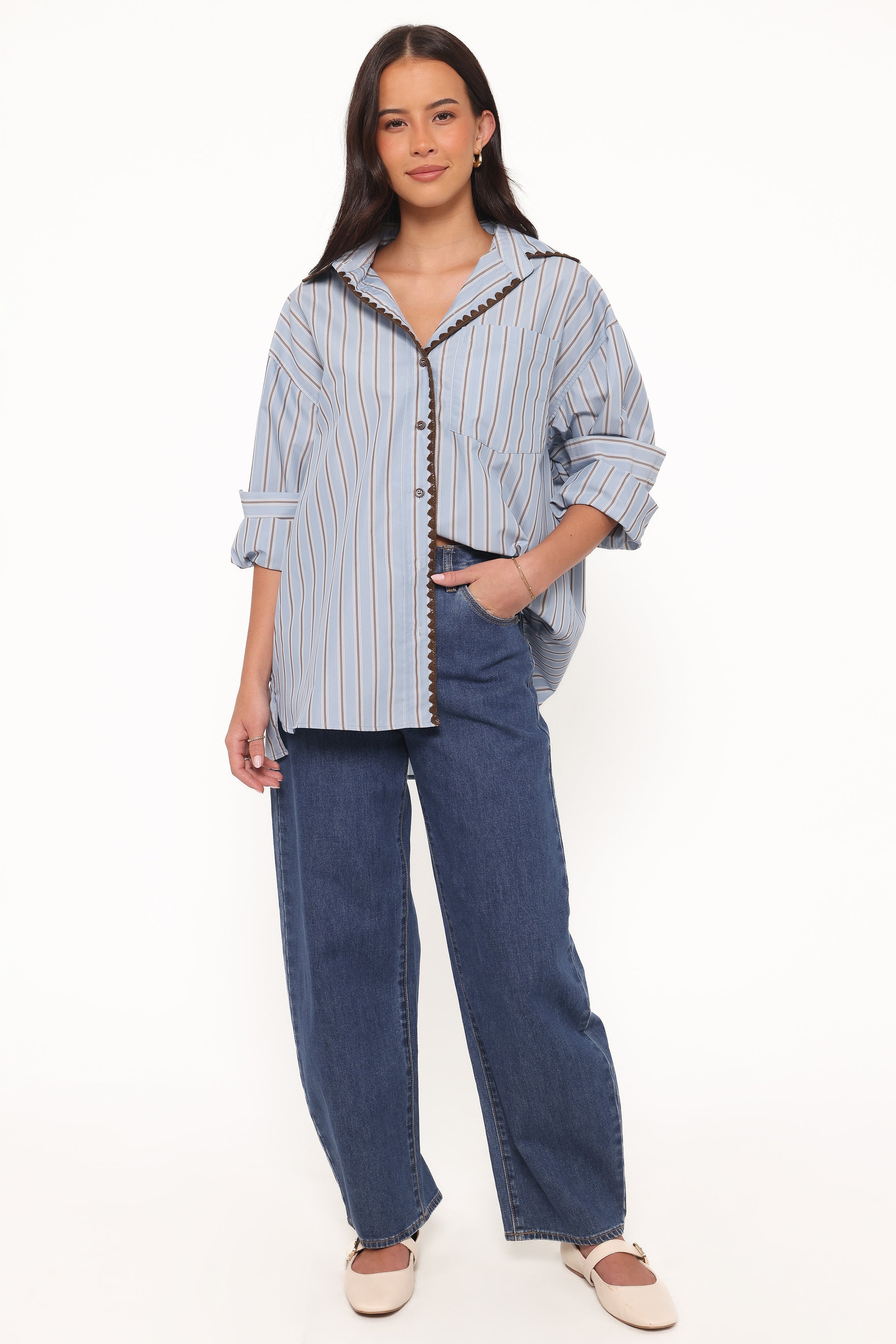 TOPS Mila Button Up Shirt - Blue/Brown Stripe