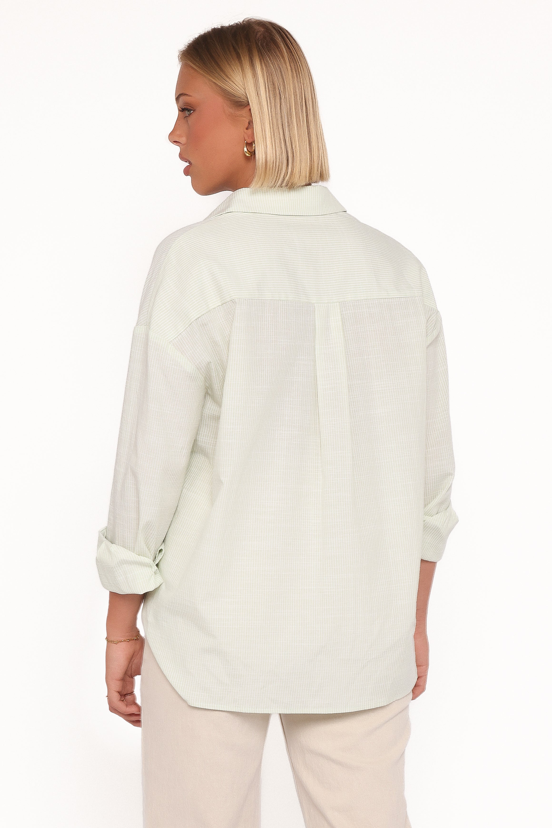 TOPS Murphy Button Up Long Sleeve Top - Olive Stripe