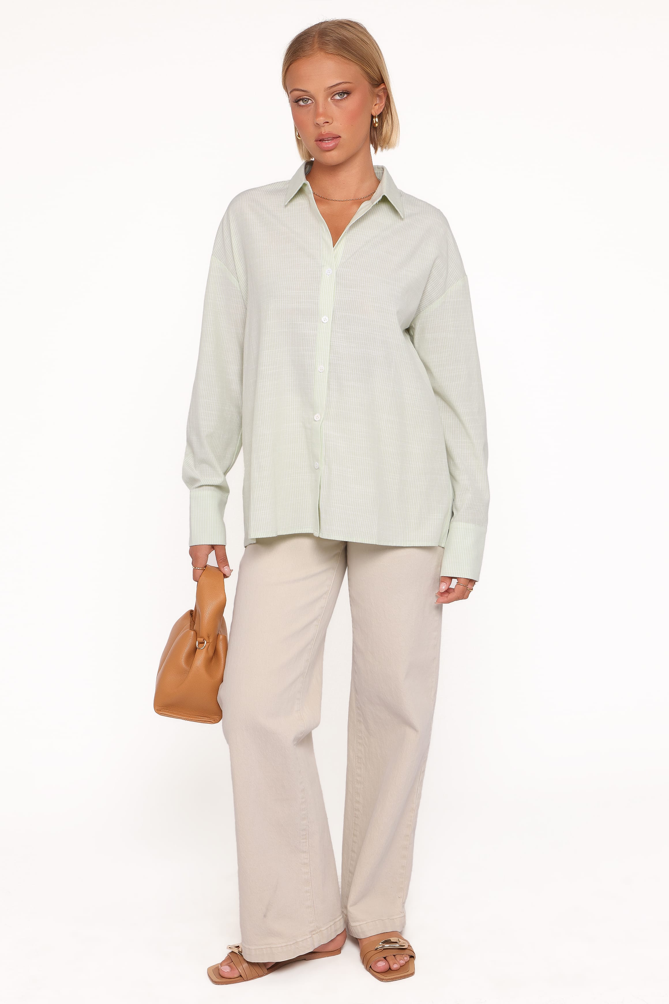 TOPS Murphy Button Up Long Sleeve Top - Olive Stripe