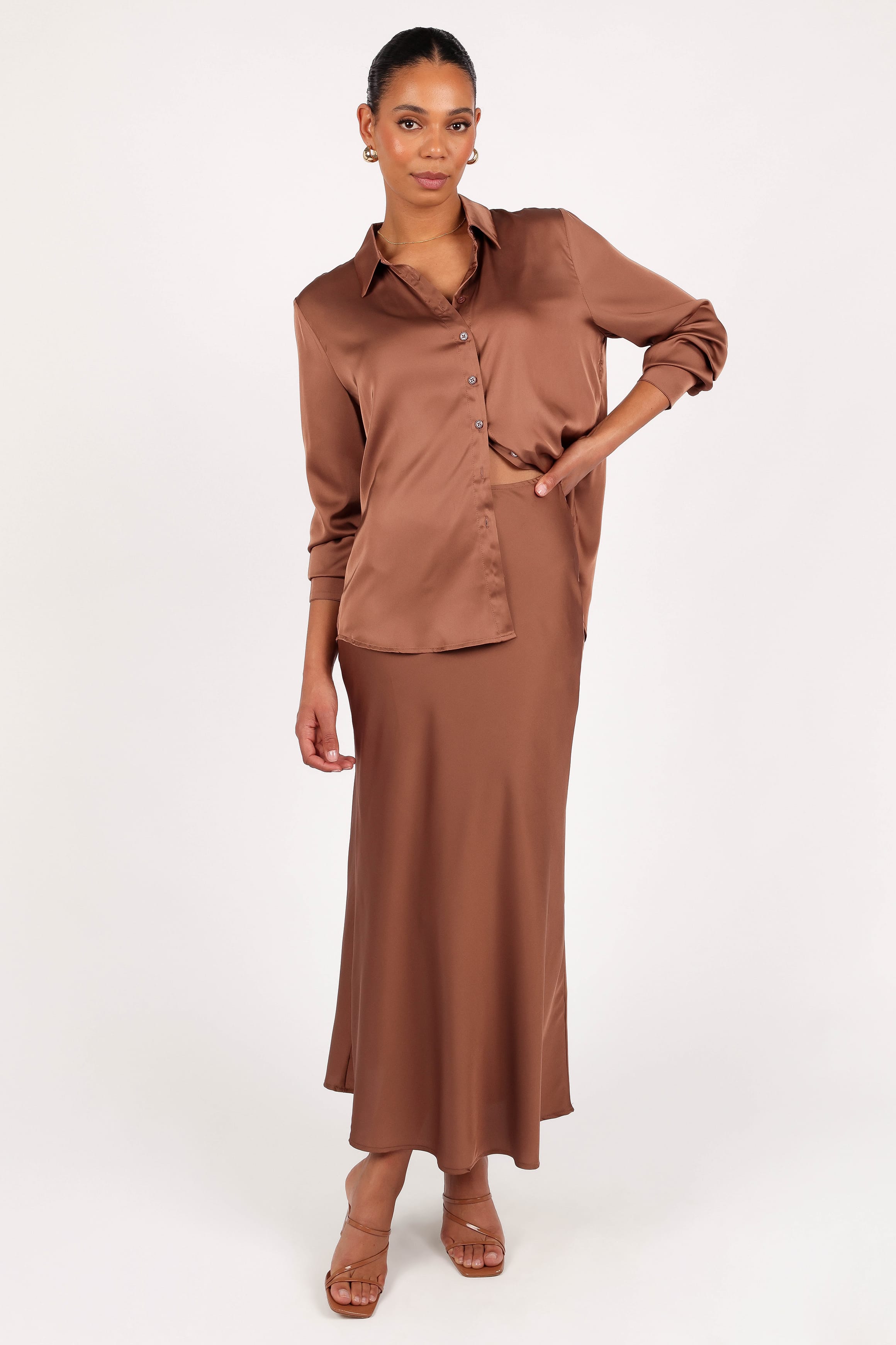 TOPS Narissa Satin Shirt - Banksia Brown