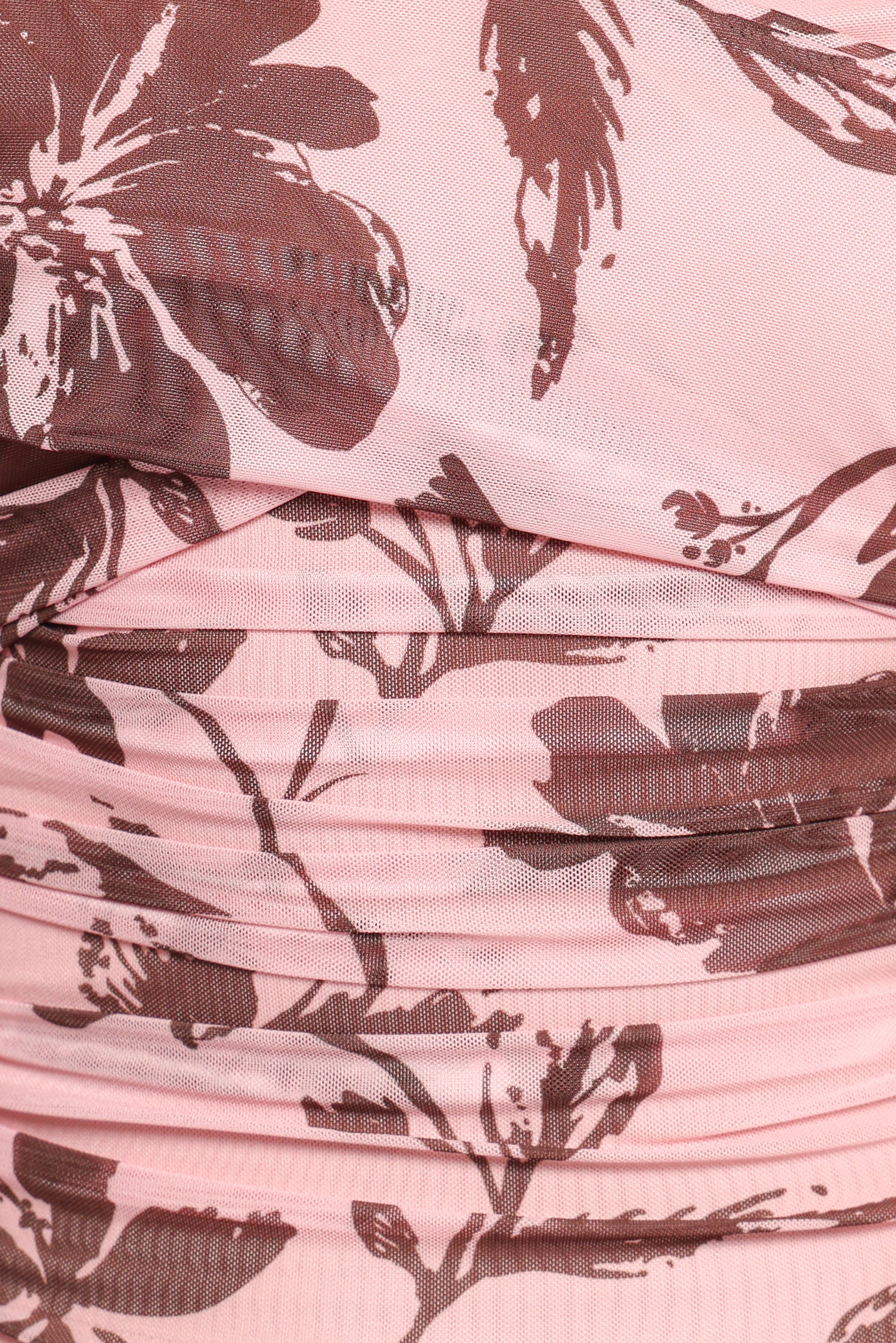 TOPS Navida Off Shoulder Mesh Top - Pink Brown Floral