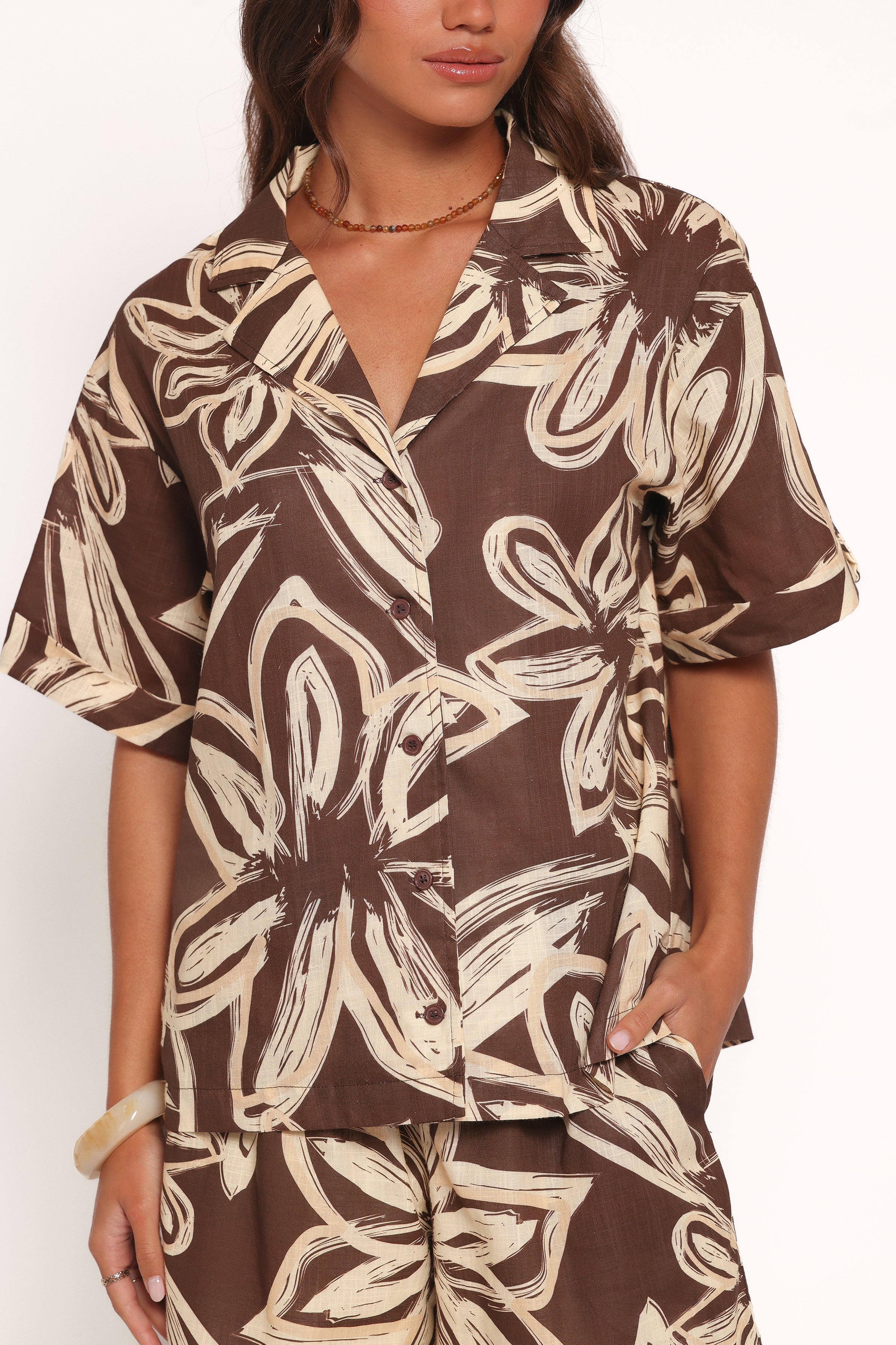 TOPS Pacifica Button Up Shirt - Chocolate Floral
