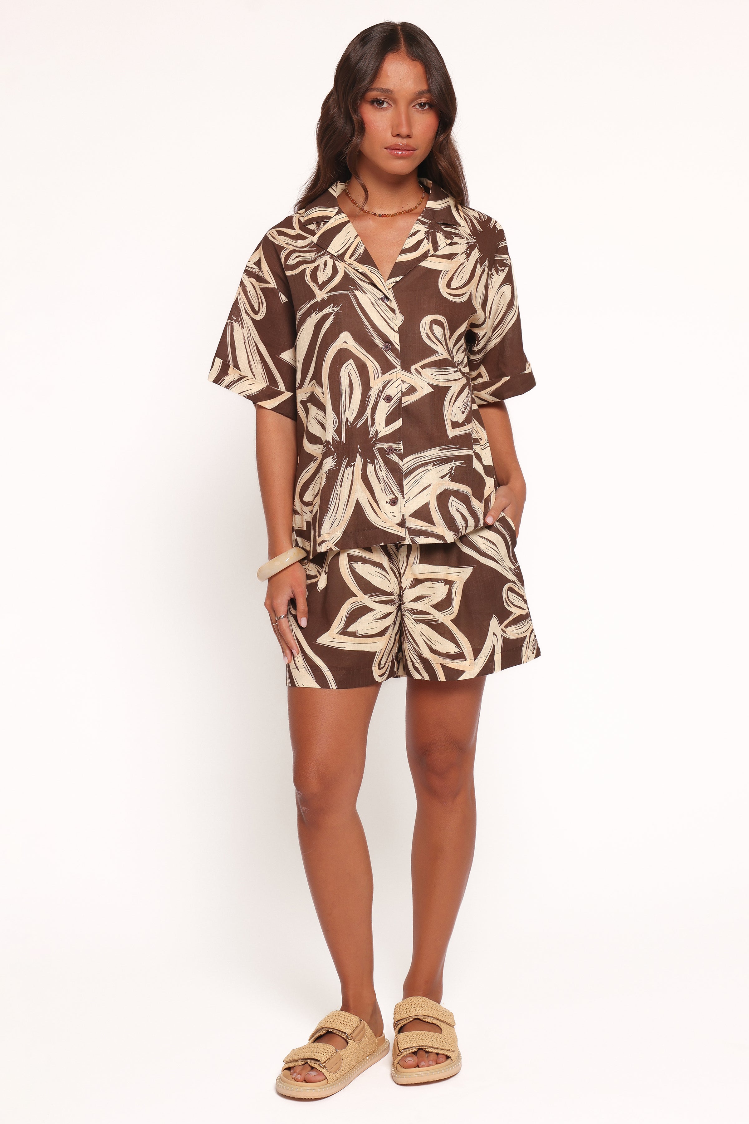 TOPS Pacifica Button Up Shirt - Chocolate Floral