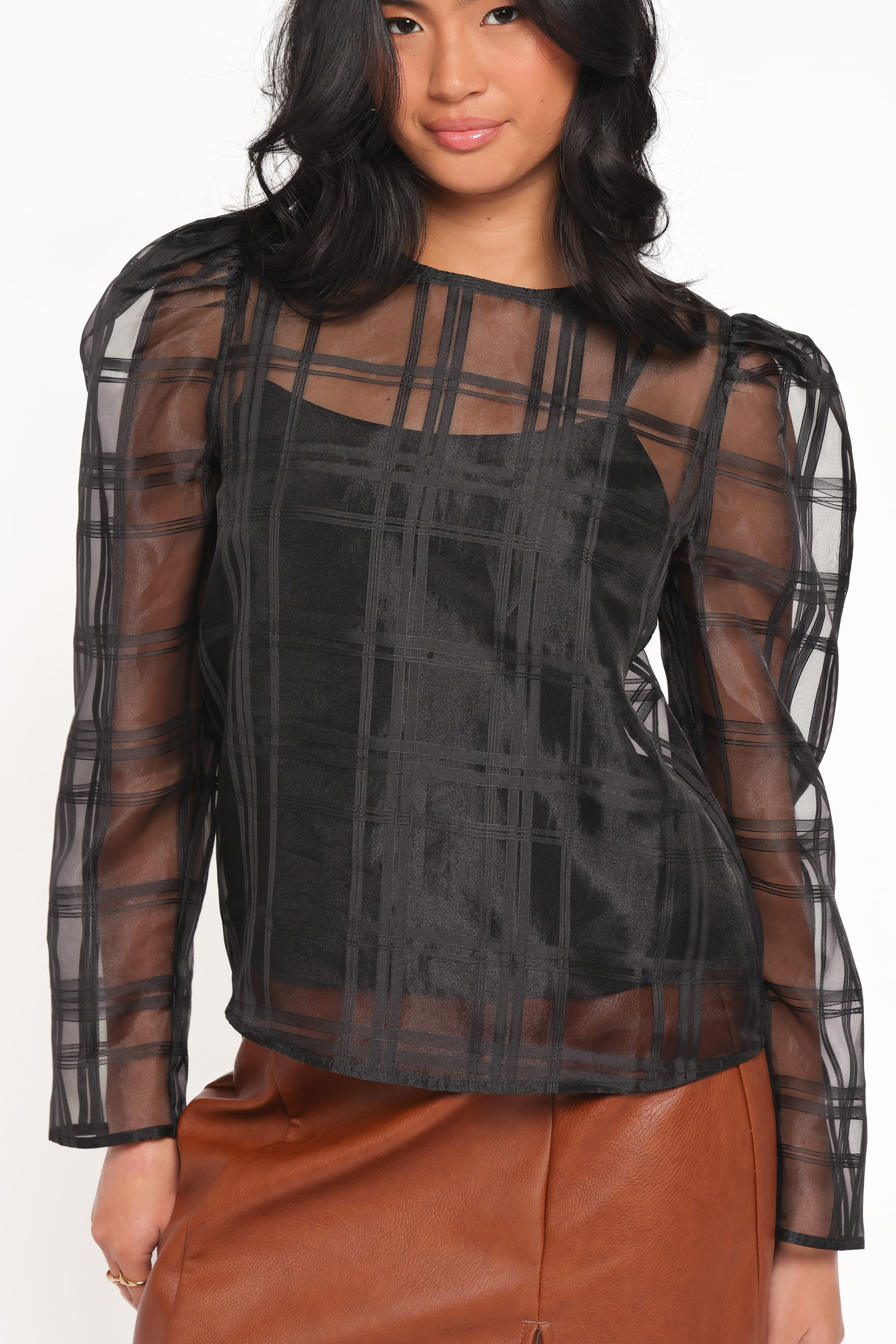 TOPS Peony Long Sleeve Sheer Top with Cami - Black