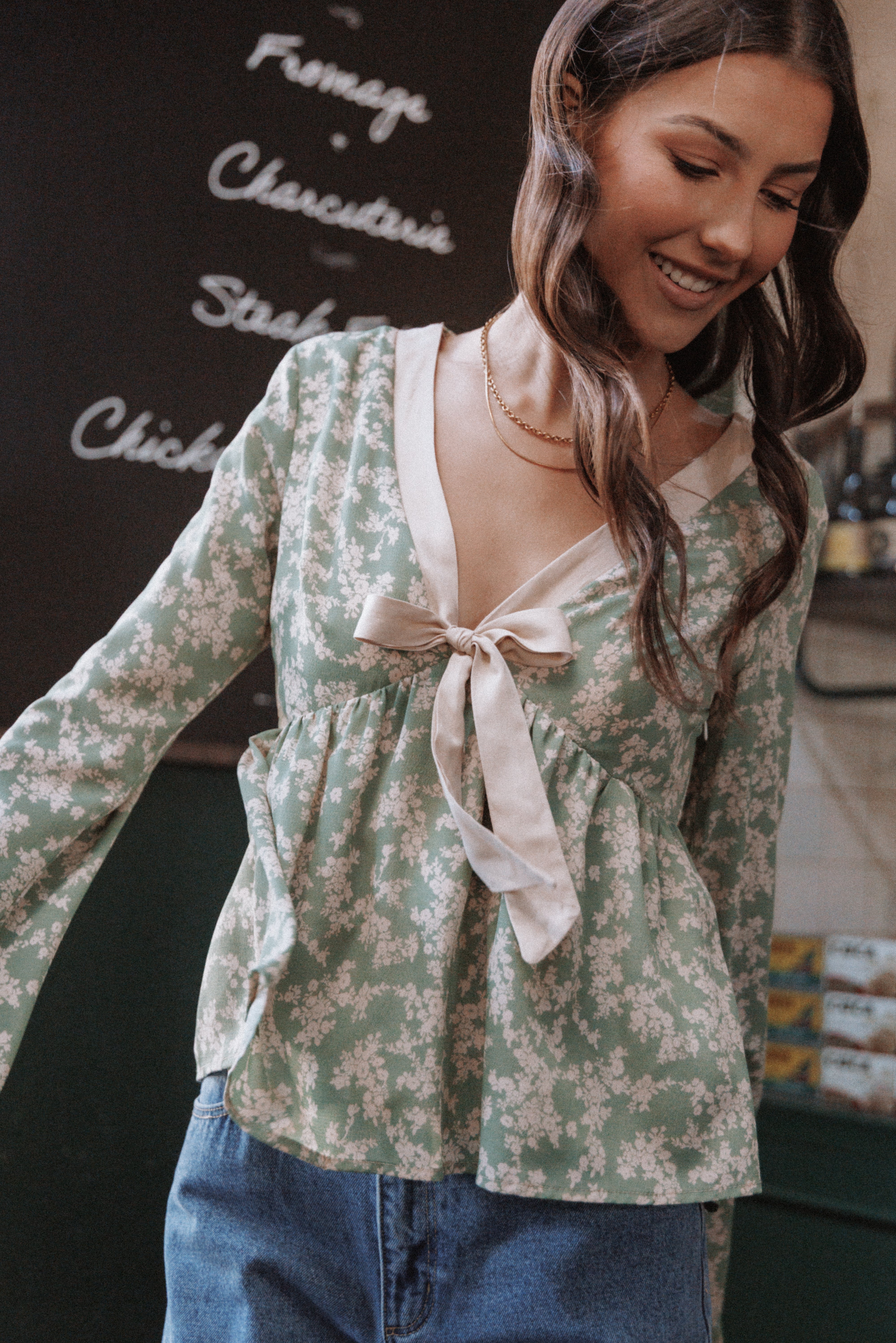 TOPS Reeva Long Sleeve Top - Green Floral