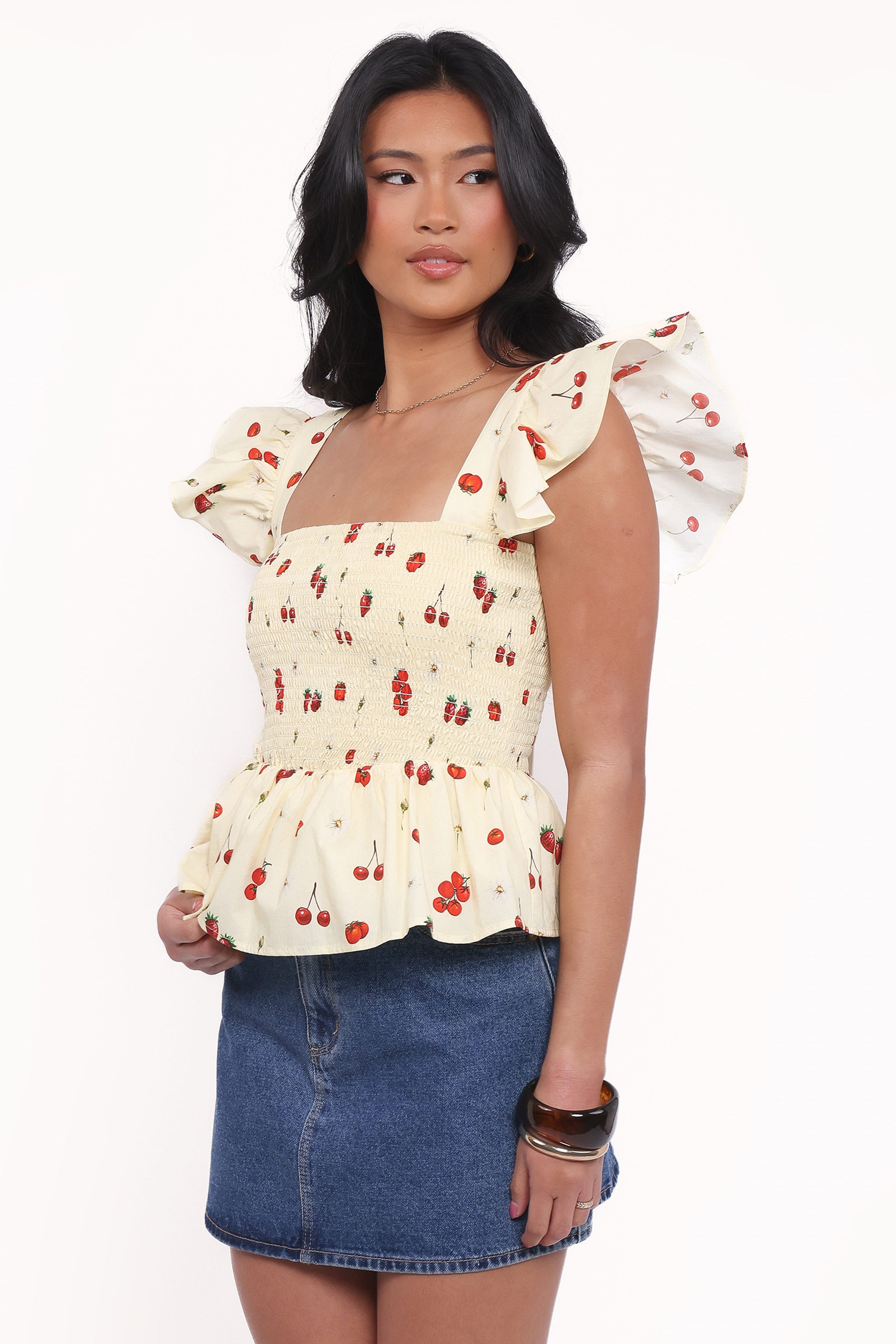TOPS Remira Smocked Ruffle Top - Yellow Cherry