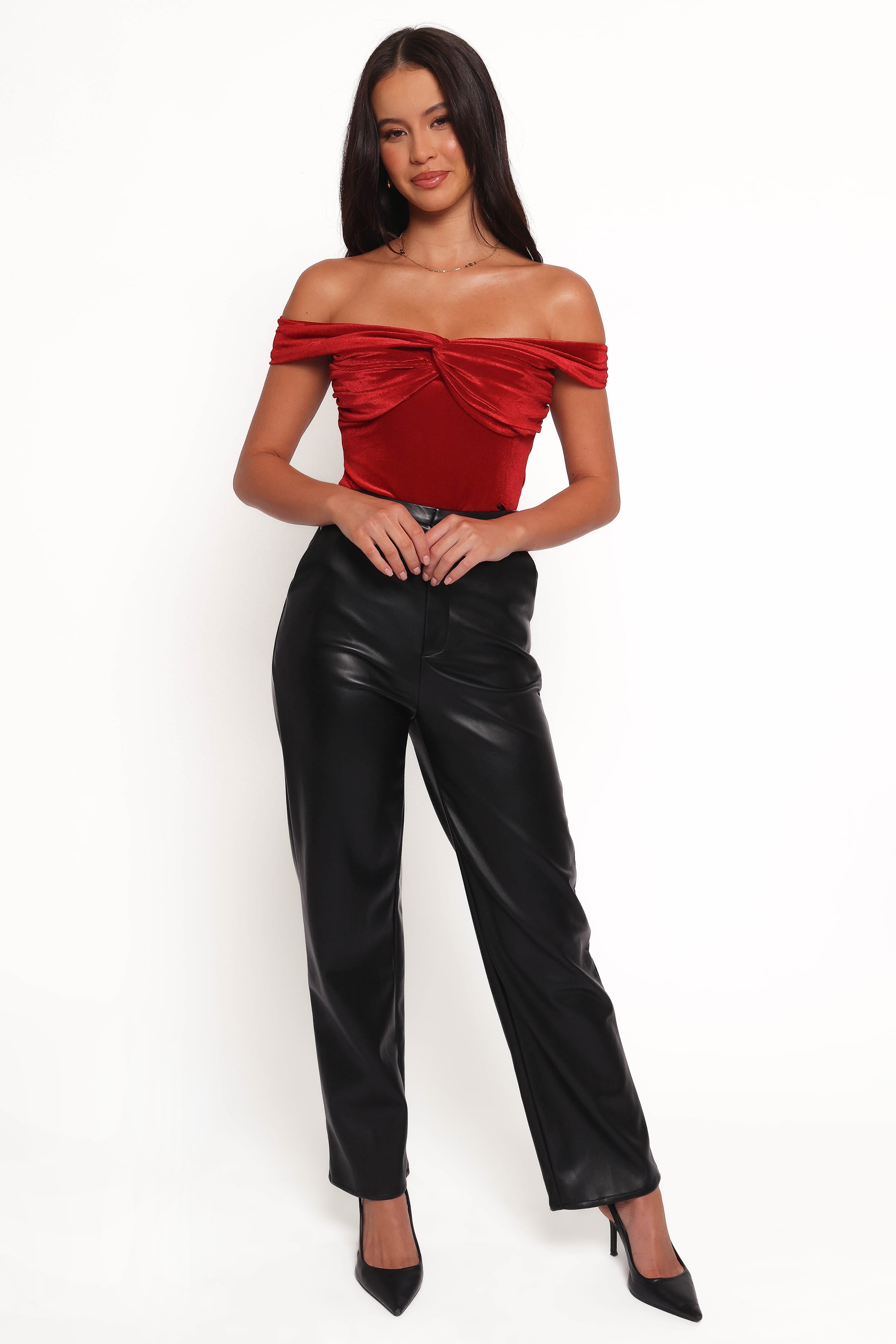 TOPS Rita Velvet Off Shoulder Top - Red