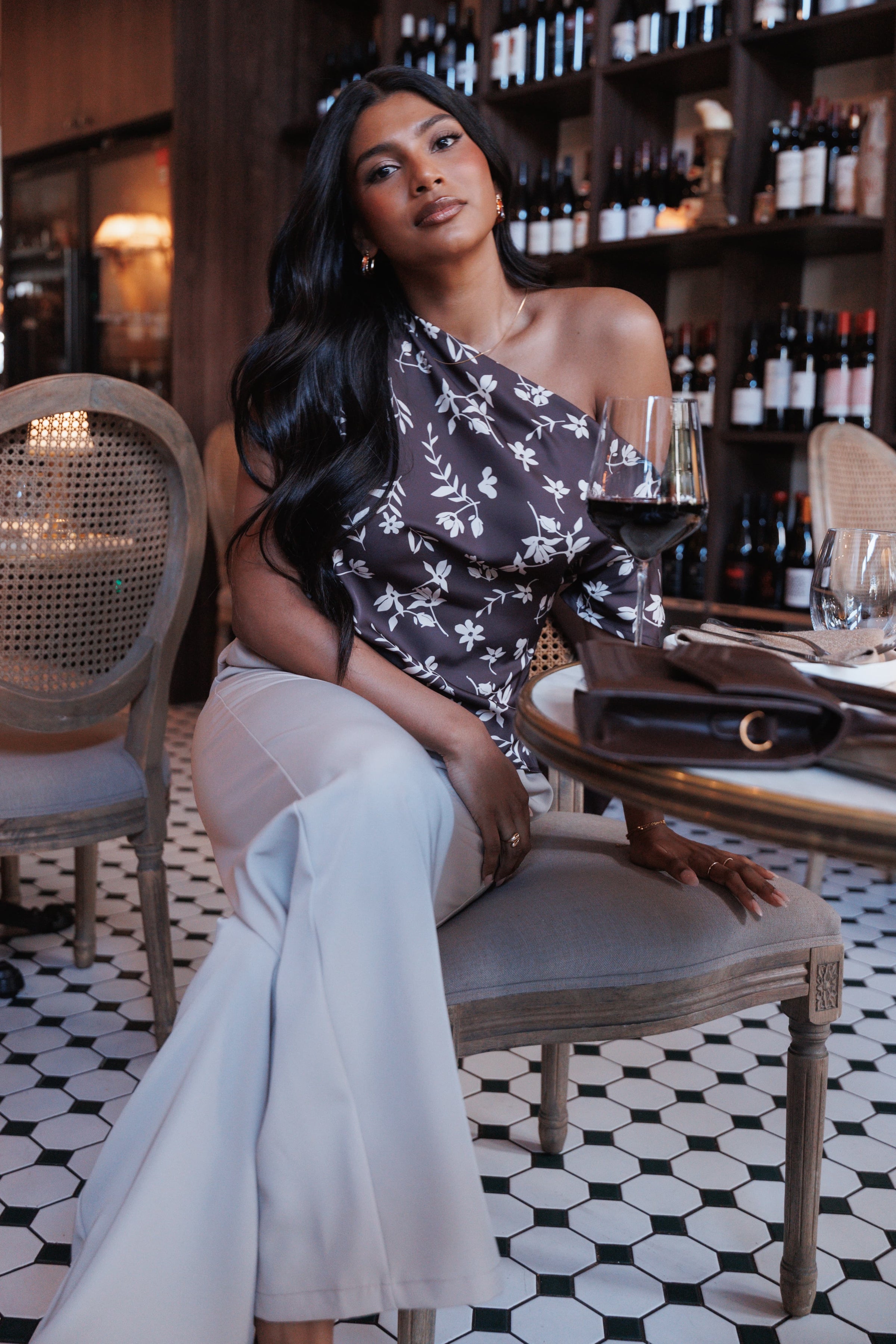 TOPS Romola Off Shoulder Top - Brown Cream Floral