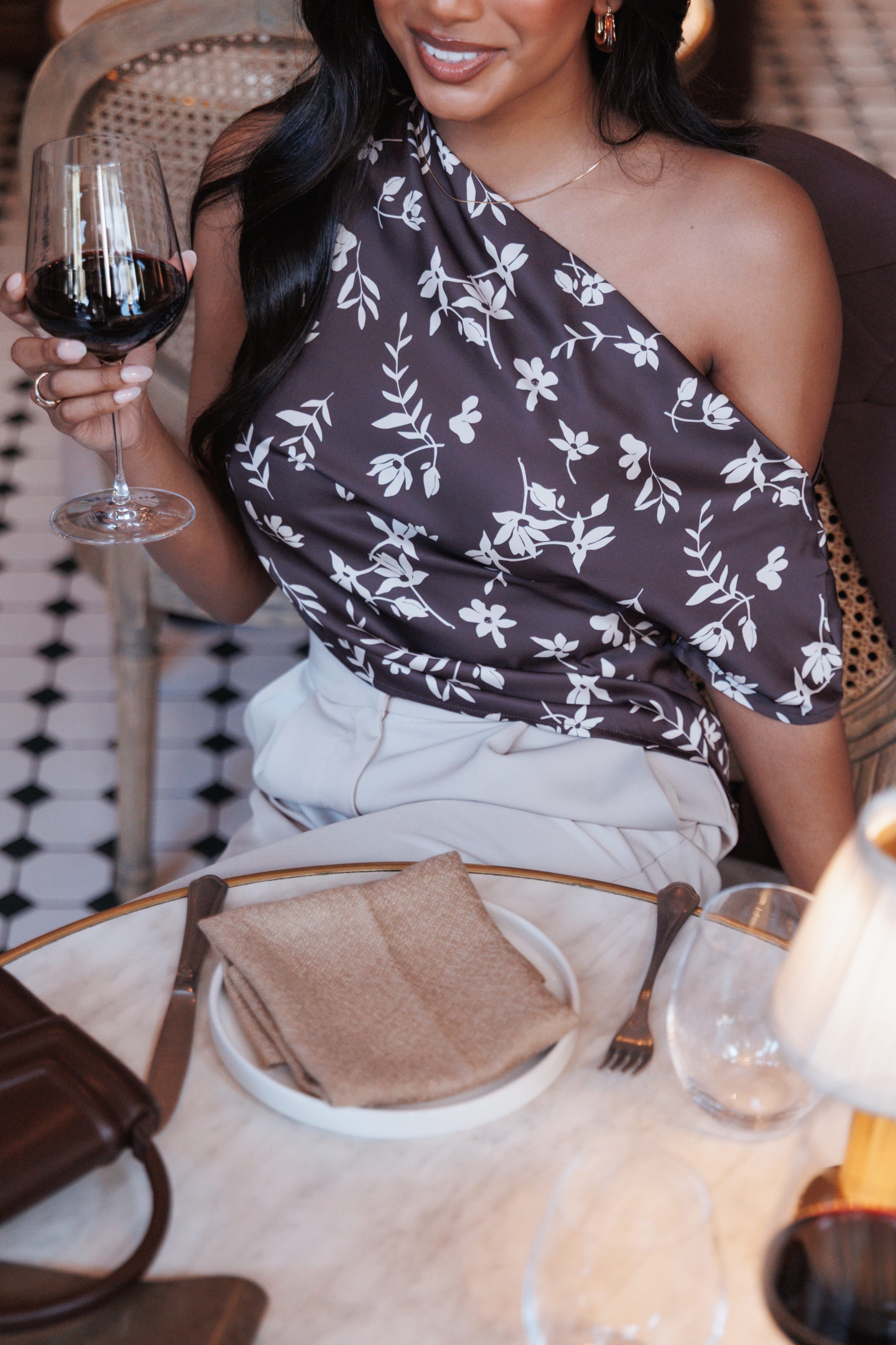 TOPS Romola Off Shoulder Top - Brown Cream Floral