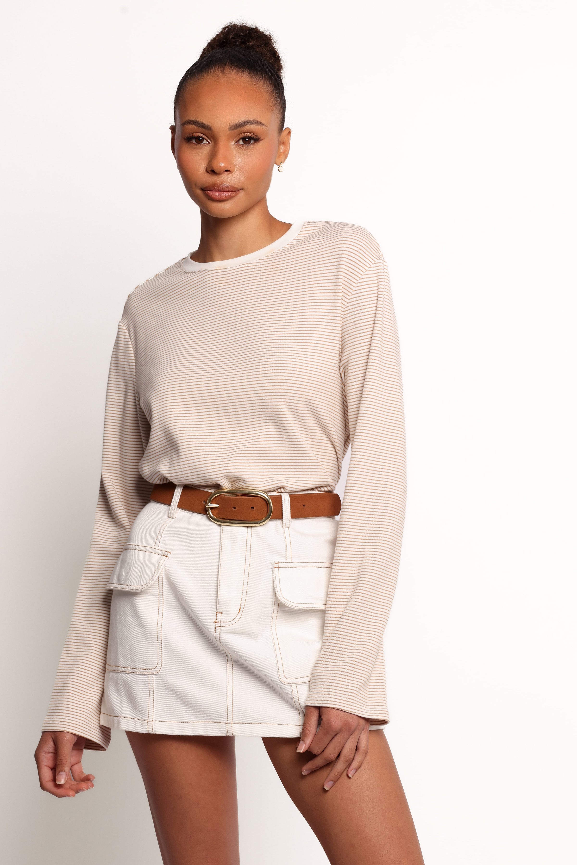 TOPS Ruva Long Sleeve Tee - Beige White Stripe