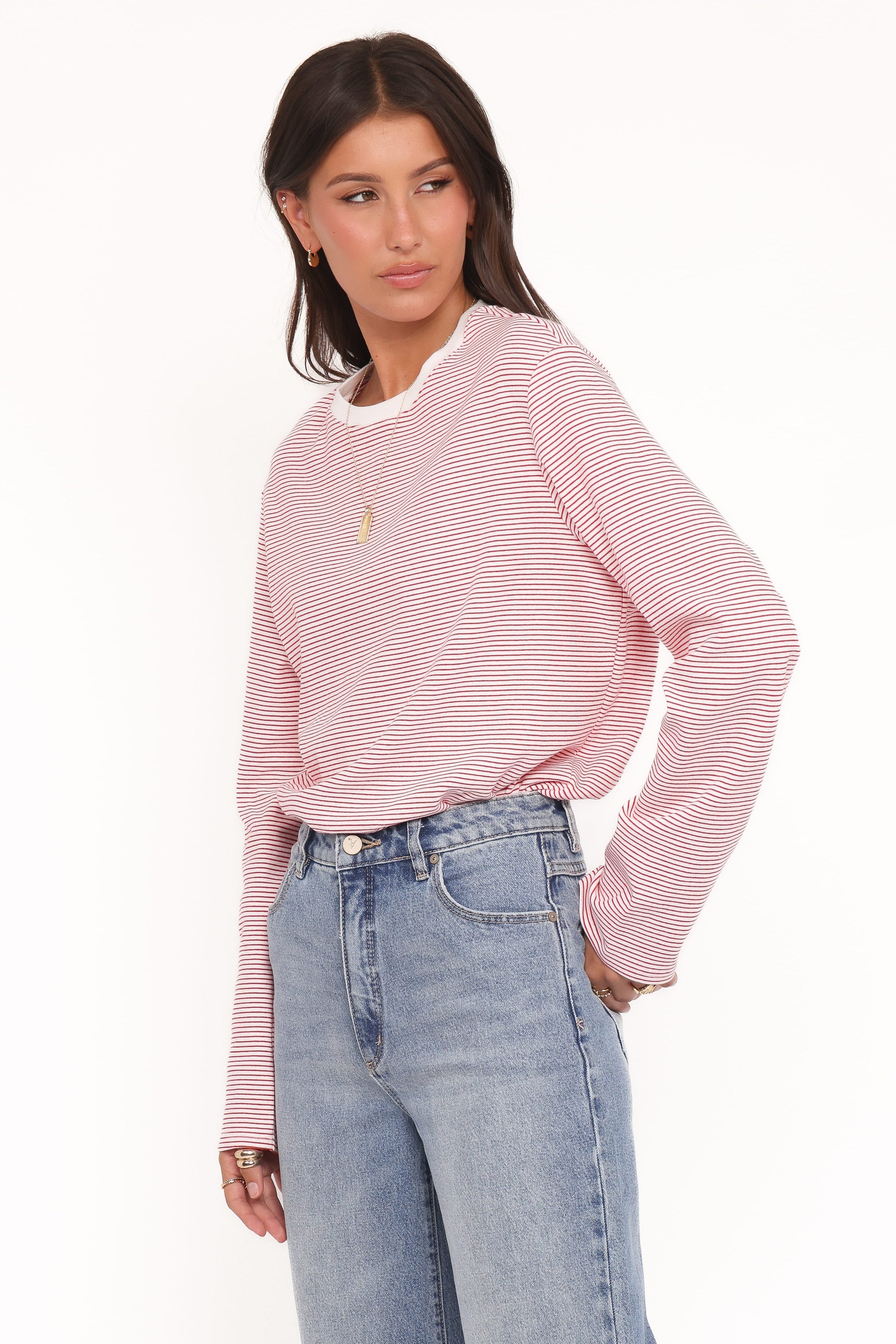 TOPS Ruva Long Sleeve Tee - Red White Stripe