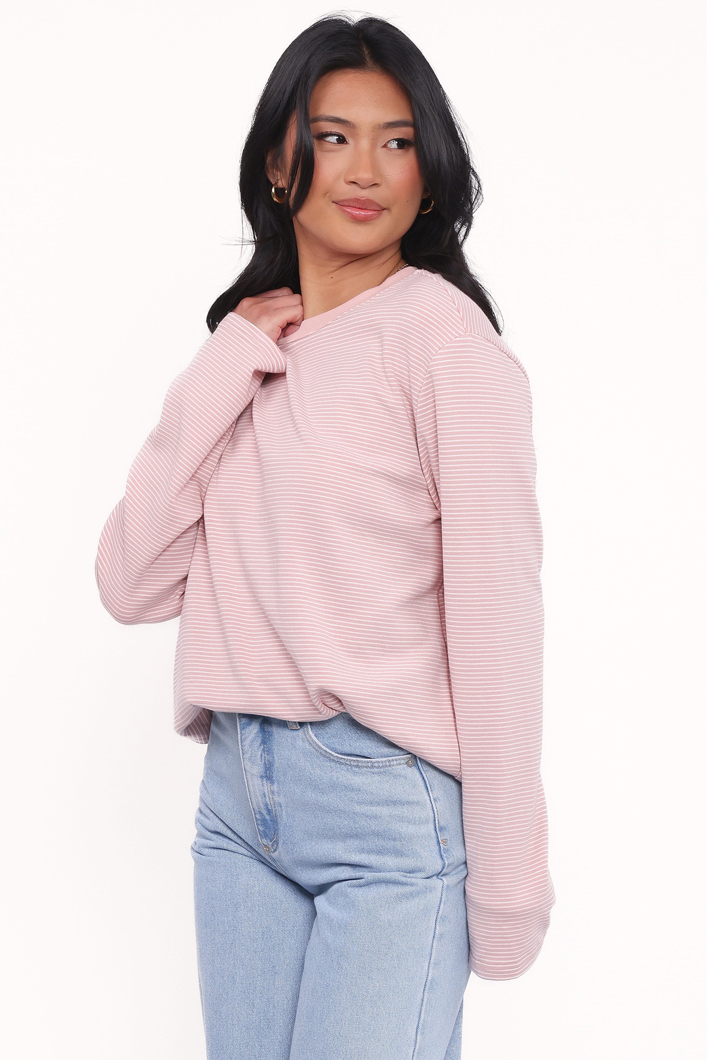 TOPS Ruva Long Sleeve Tee - White Pink Stripe
